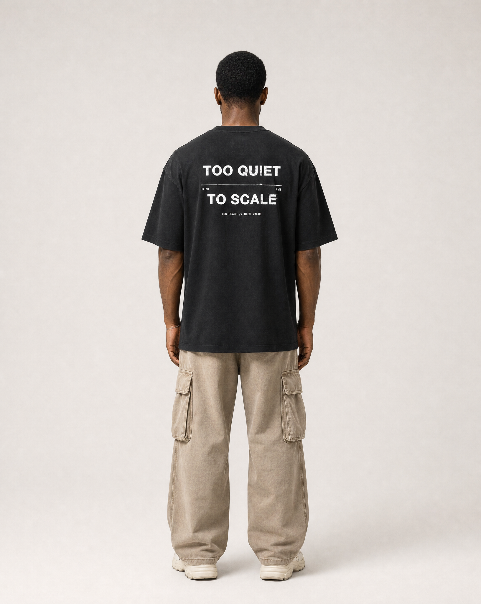 Too Quiet to Scale black oversized tee — print detail