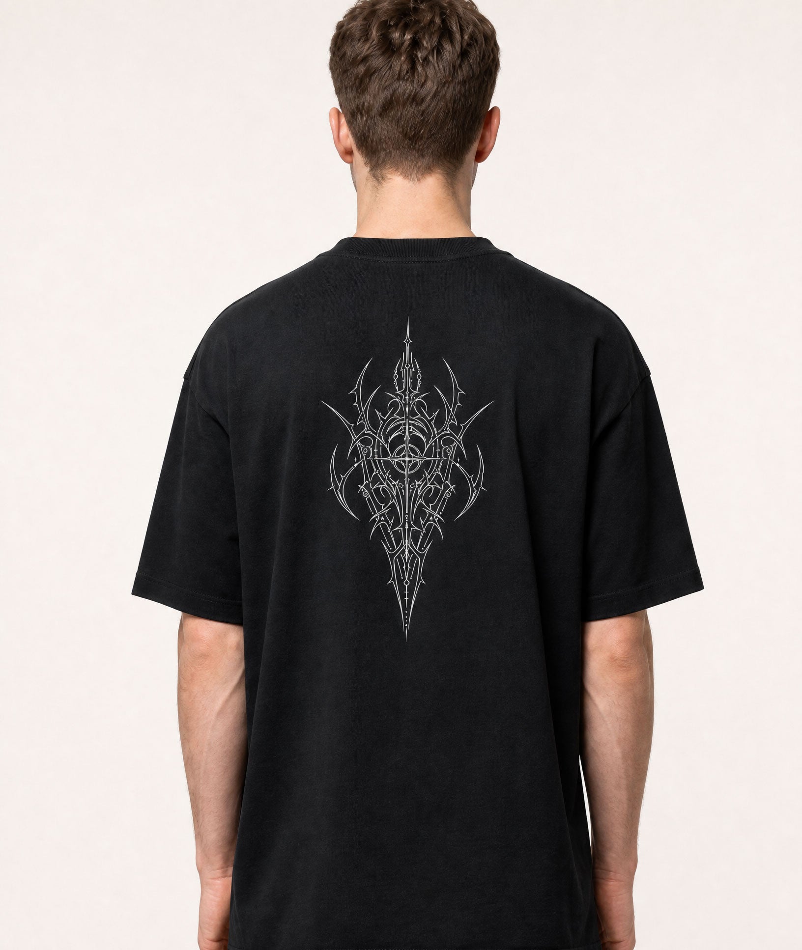 Holly Null black tee — gothic lettering detail