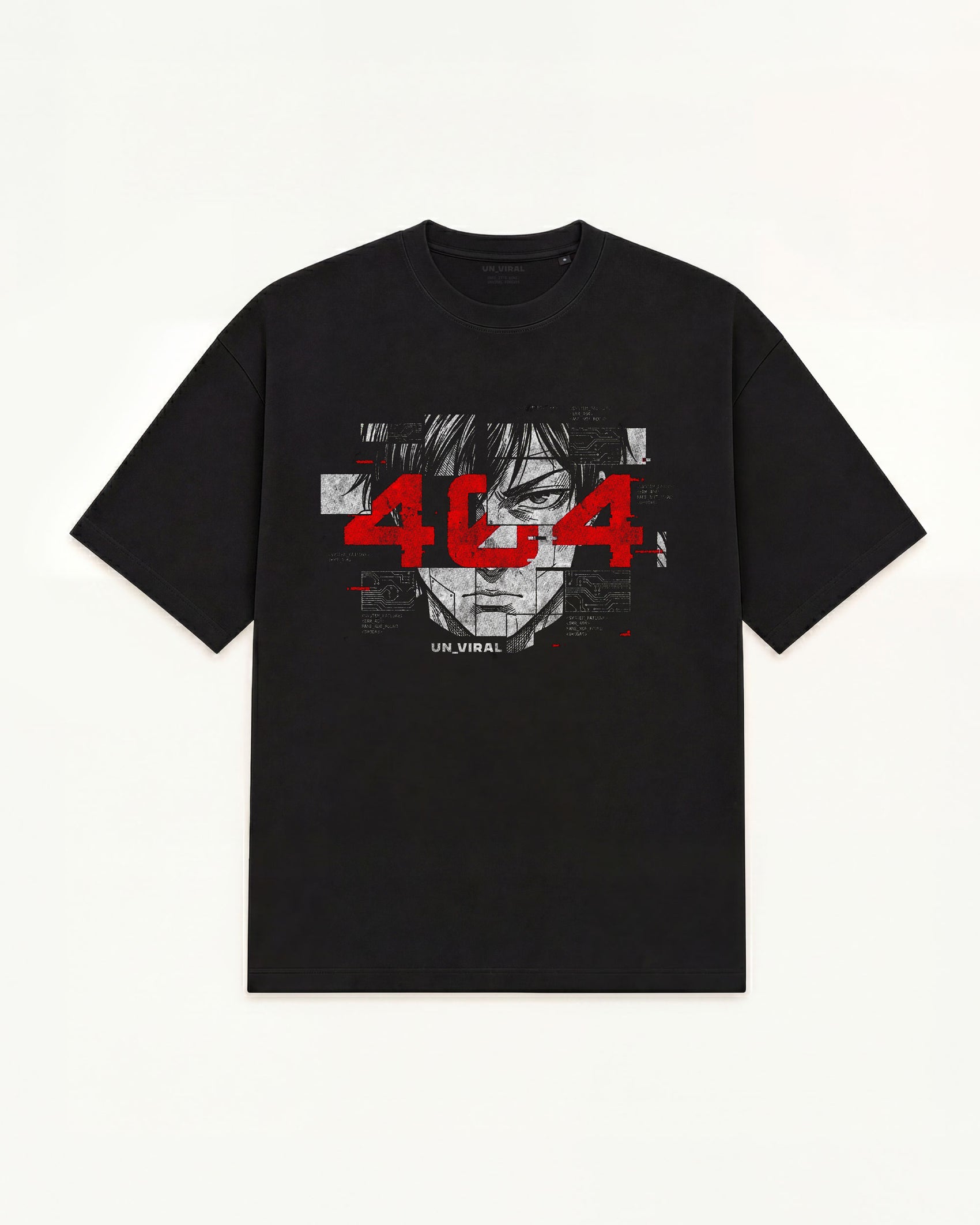 404 Frame tee in black with corrupted manga artwork and red 404 error overlay — front