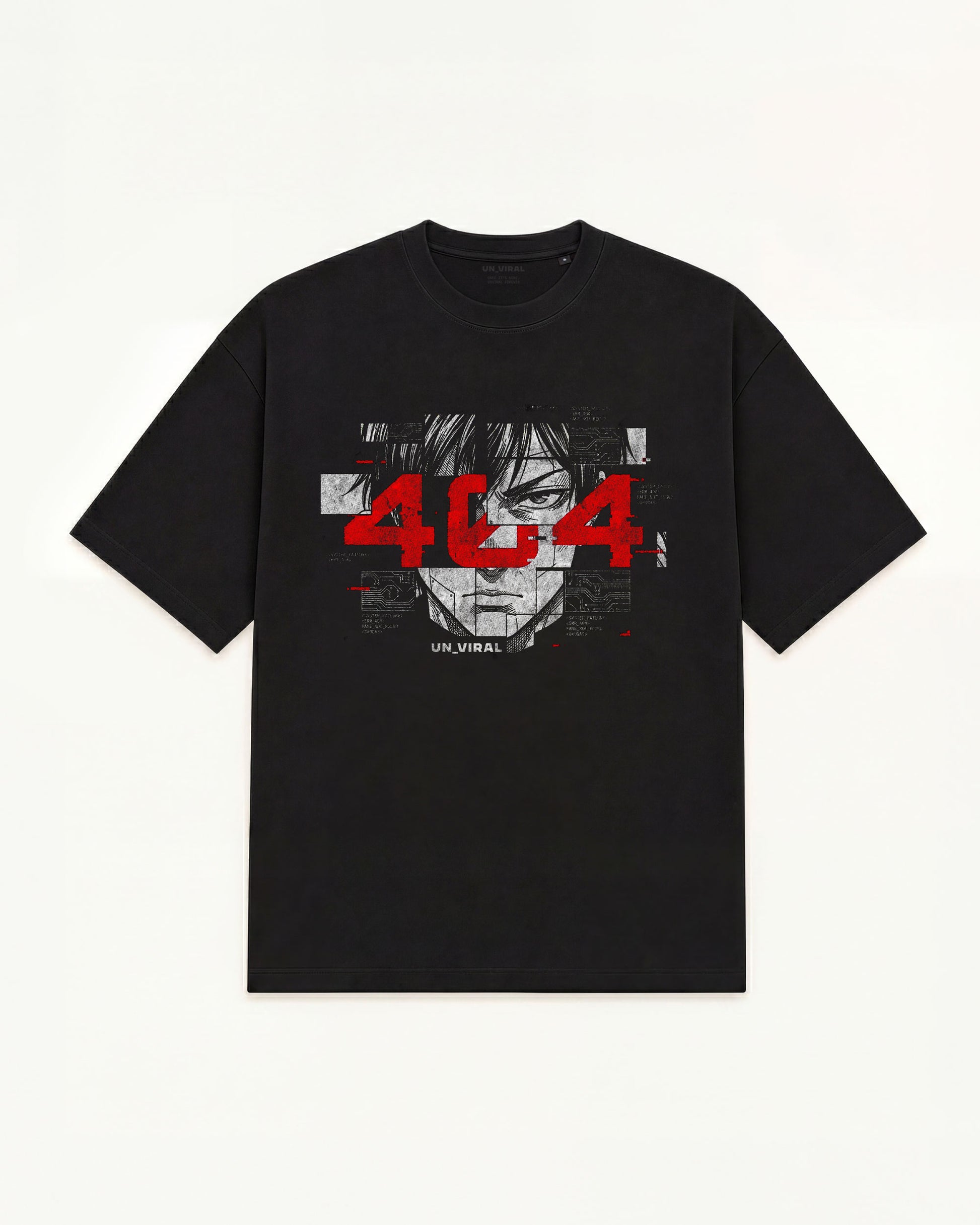 404 Frame tee in black with corrupted manga artwork and red 404 error overlay — front