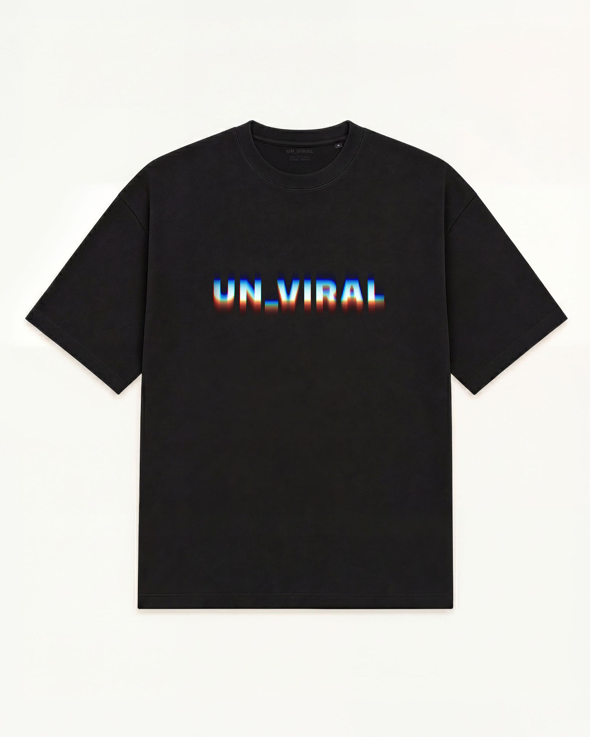 Scan UN_VIRAL tee in black with RGB chromatic scan logotype — front