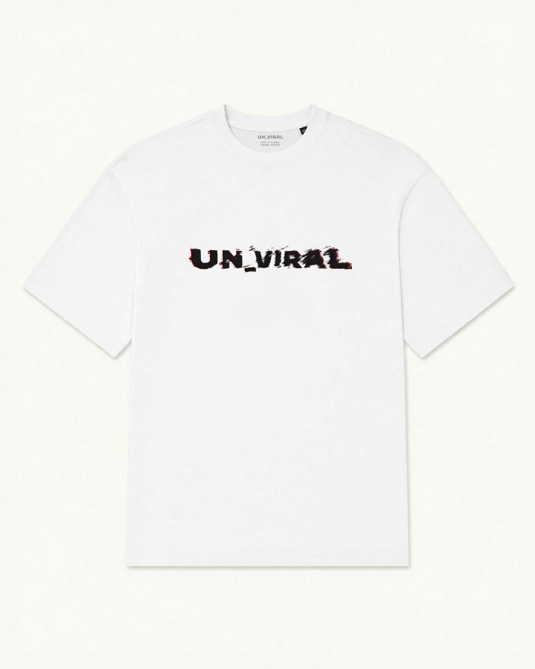 Glitch UN_VIRAL tee in white with chromatic RGB glitch logotype — front