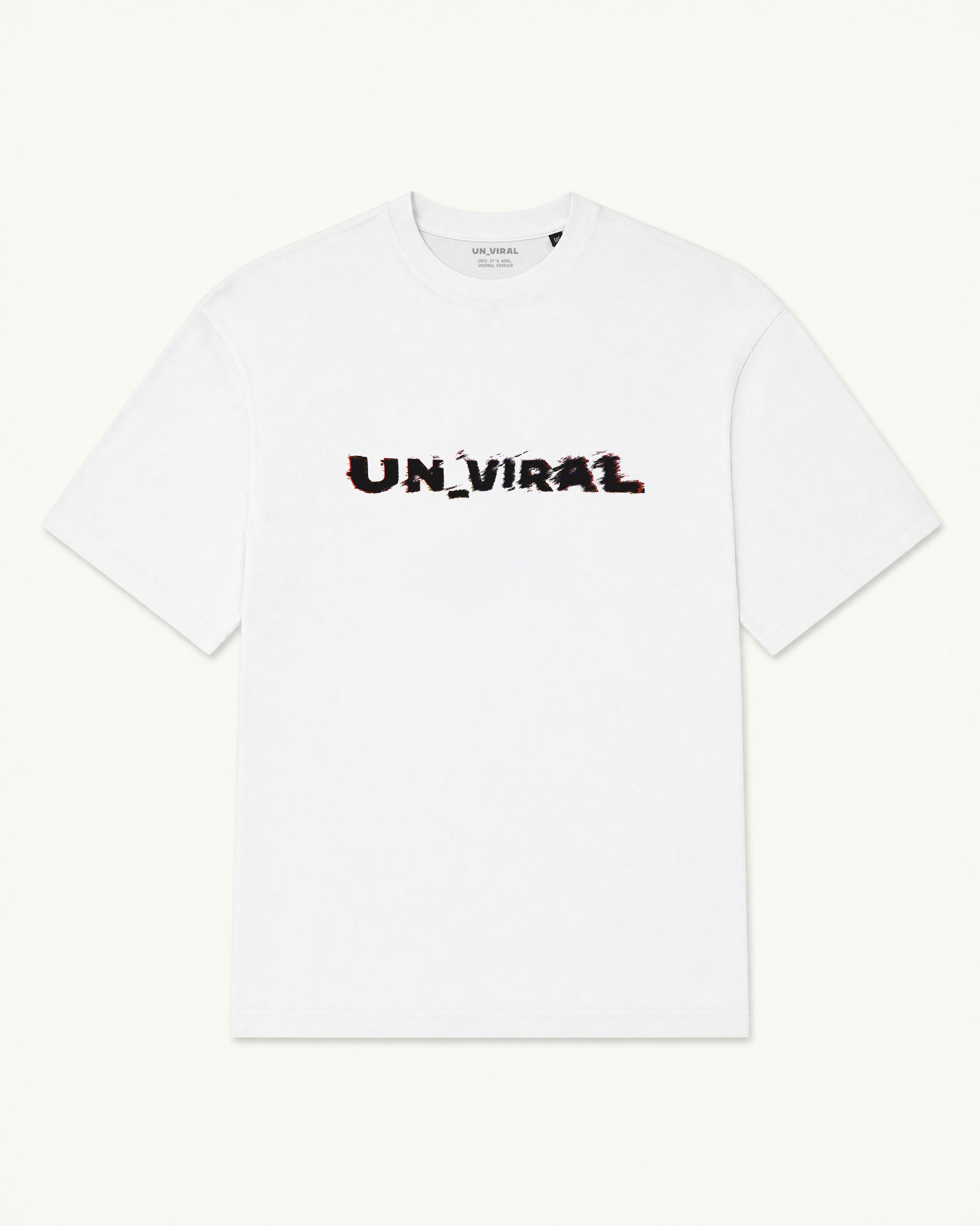 Glitch UN_VIRAL tee in white with chromatic RGB glitch logotype — front