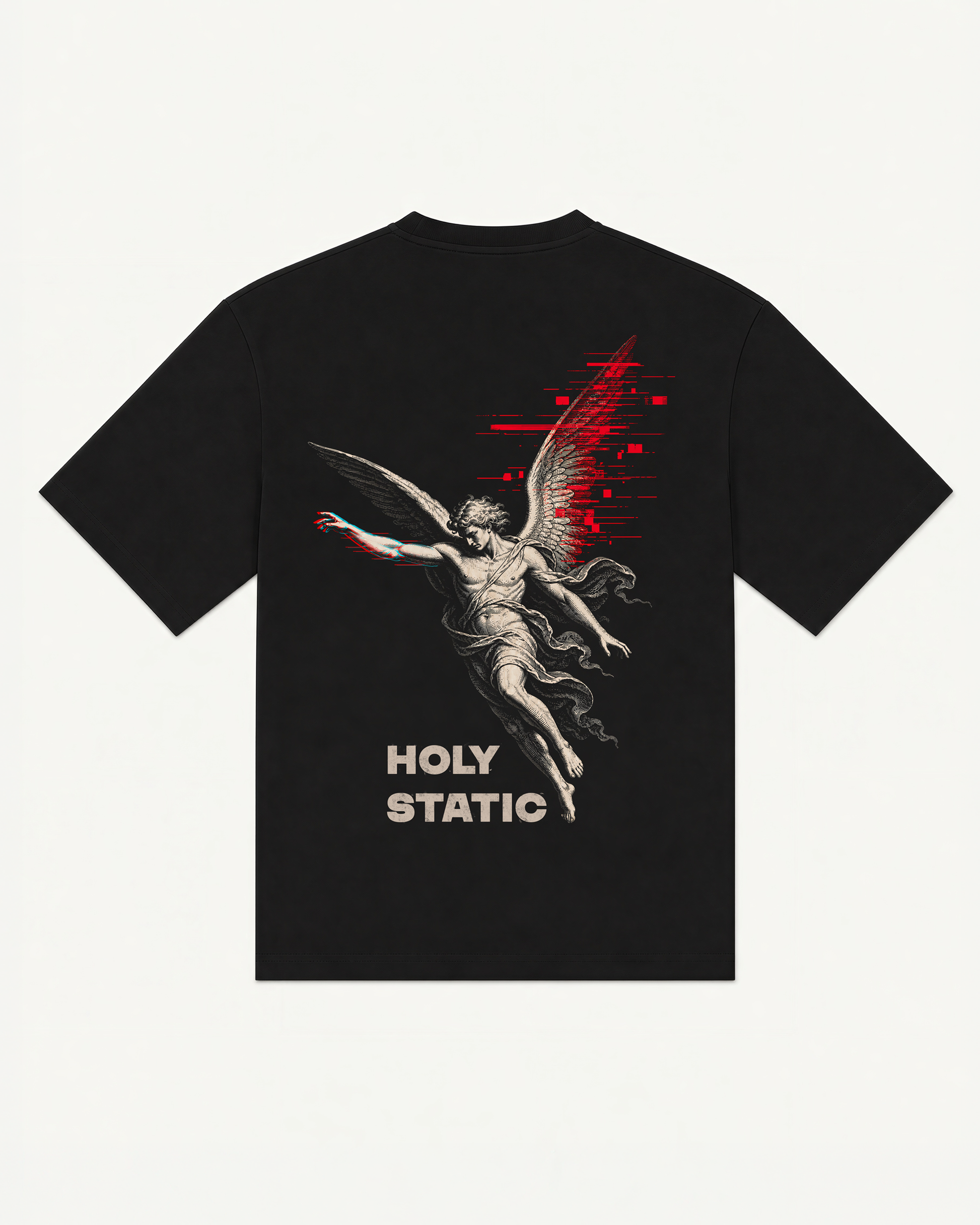 Holy Static tee in black with sacred figure dissolving into static interference — front