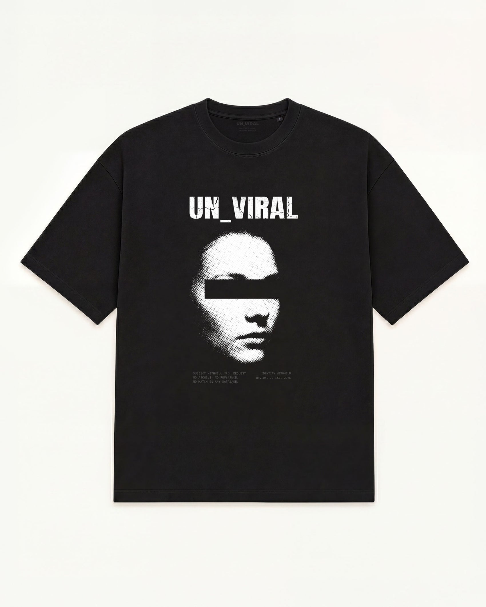 Identity Withheld black tee, redacted portrait graphic