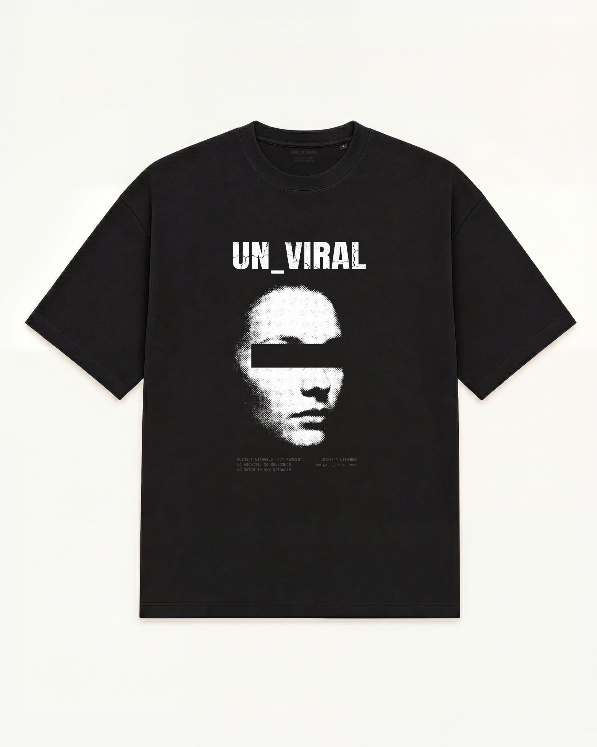 Identity Withheld black tee, redacted portrait graphic