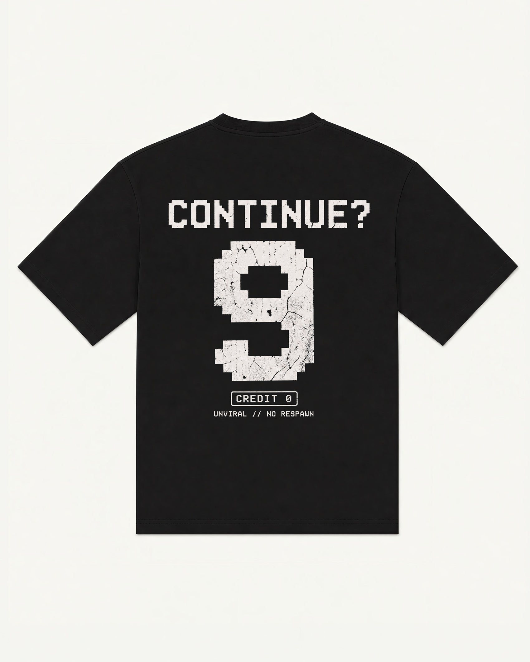 No Respawn black oversized tee with worn arcade continue-screen graphic, back