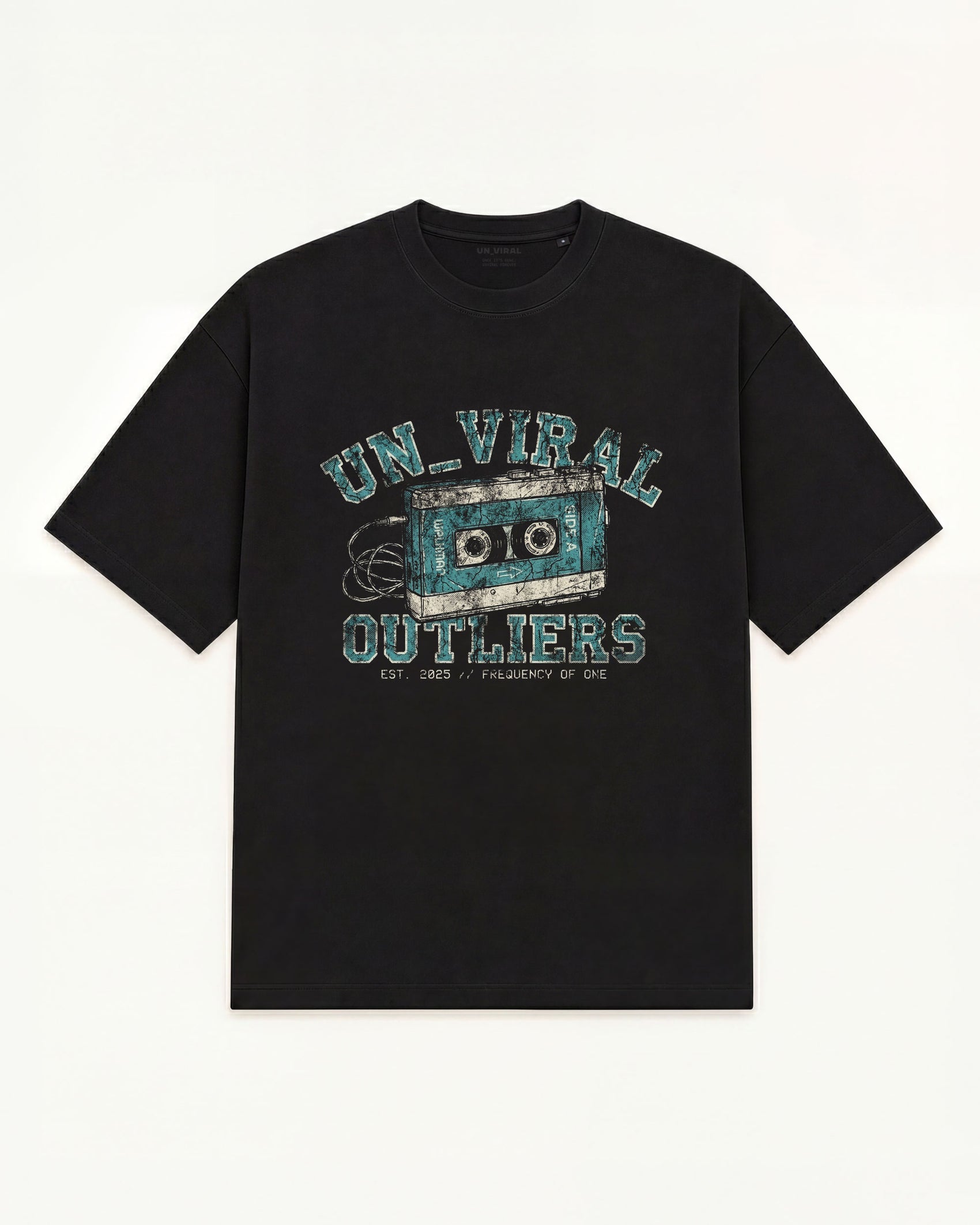 Side A tee in washed black with vintage cassette varsity graphic — front