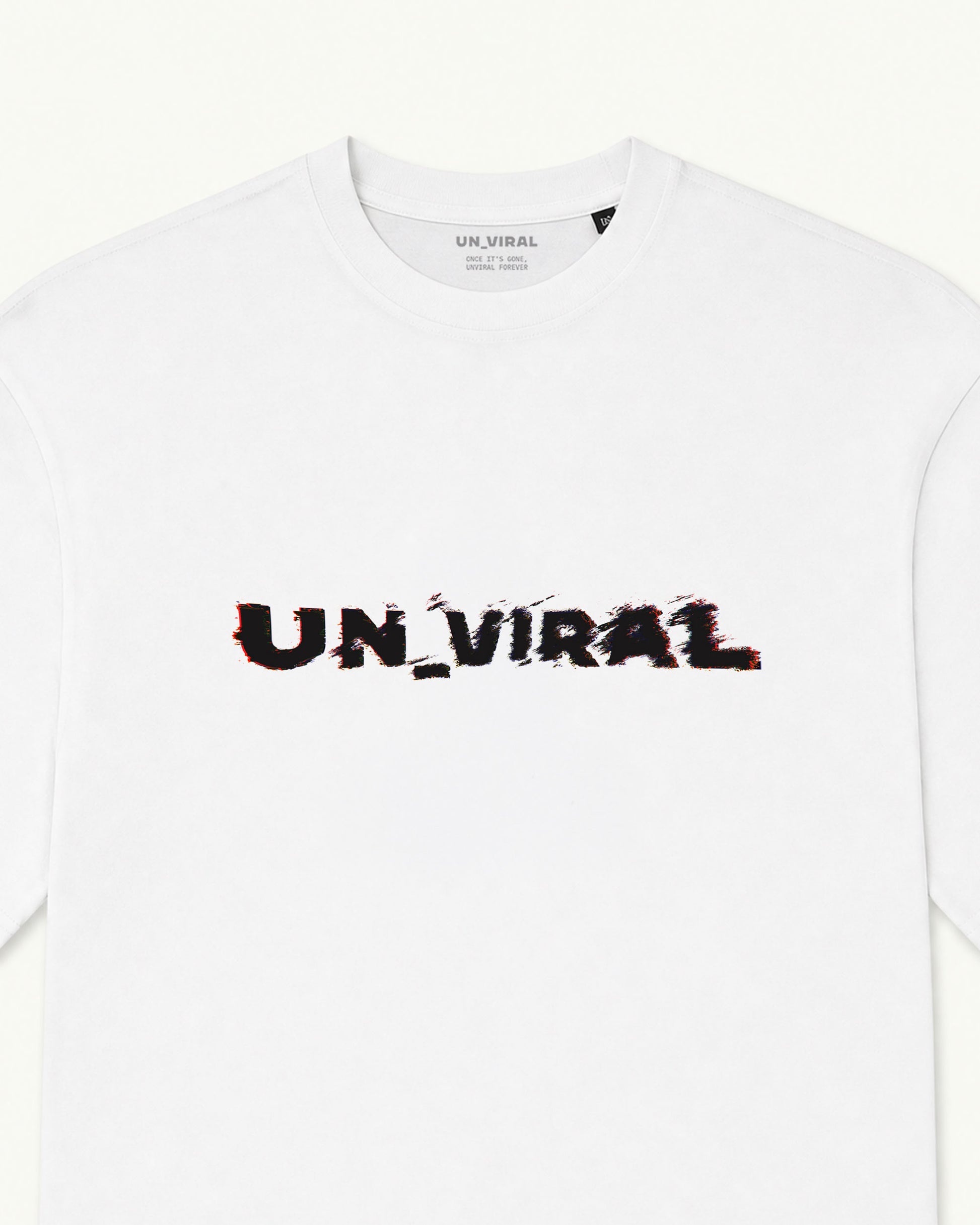 Glitch UN_VIRAL white tee, distorted RGB logotype print — back