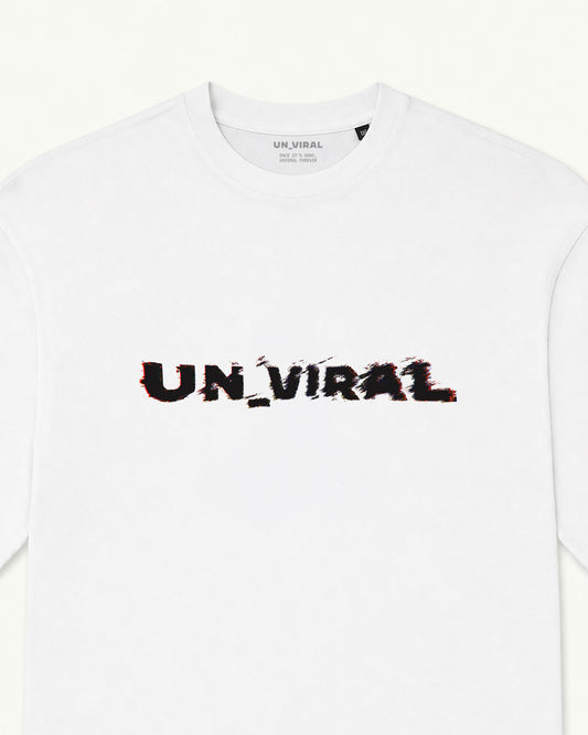Glitch UN_VIRAL white tee, distorted RGB logotype print — back