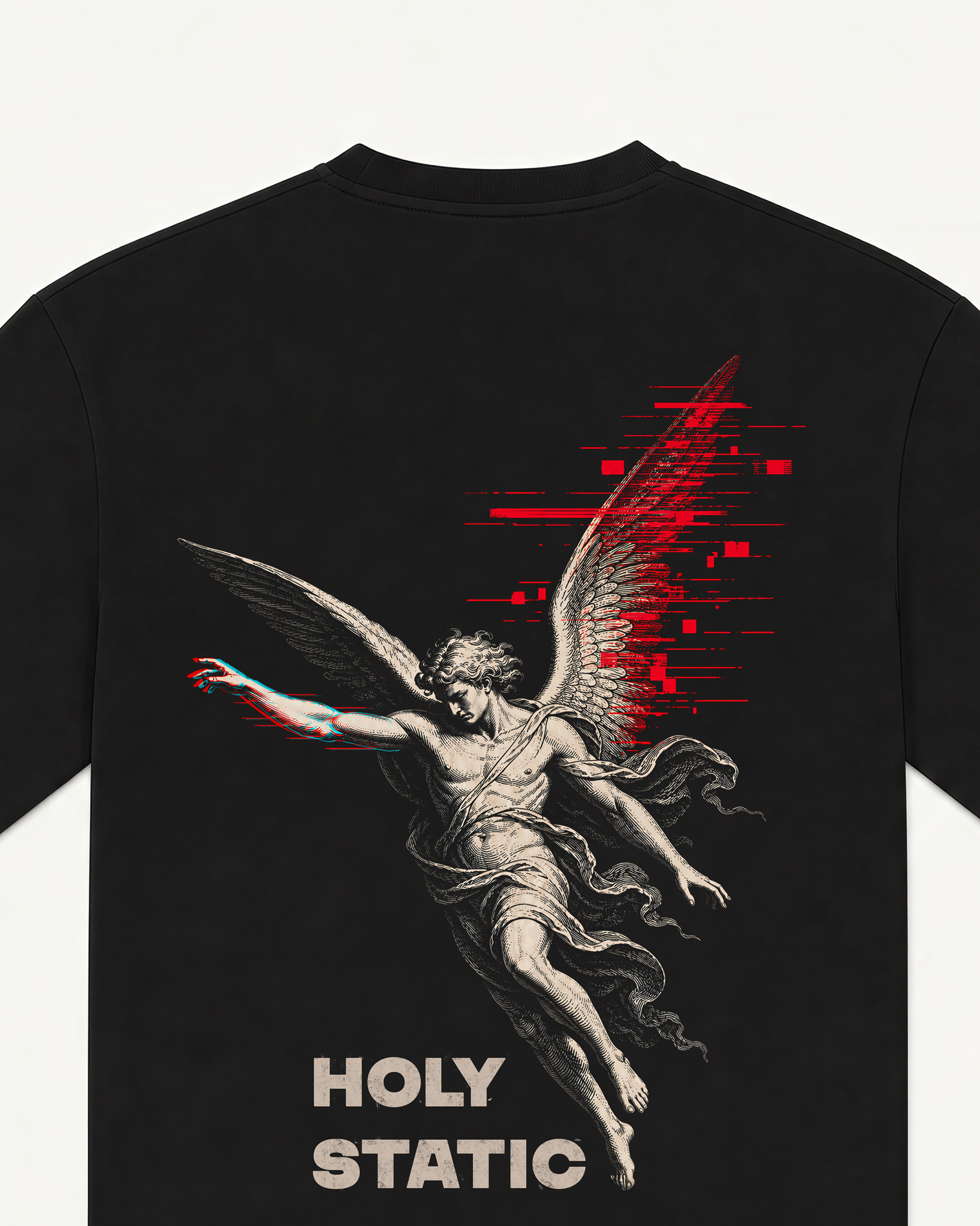 Holy Static black tee, sacred figure and static graphic