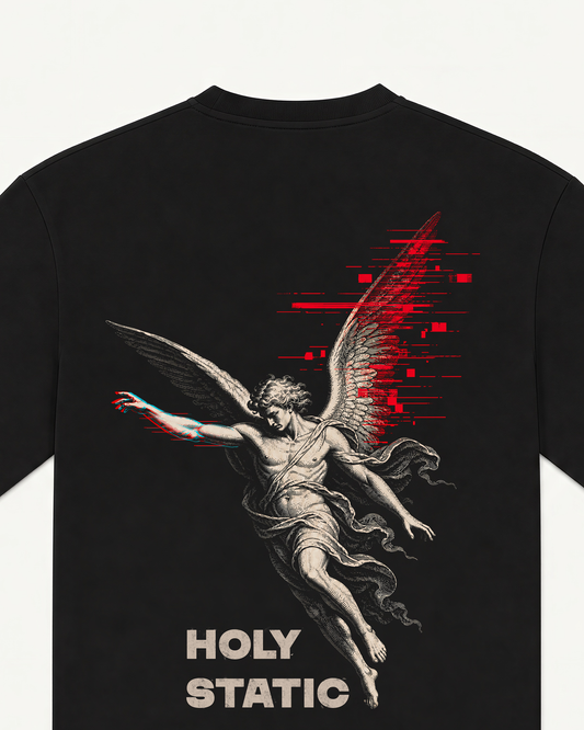 Holy Static black tee, sacred figure and static graphic
