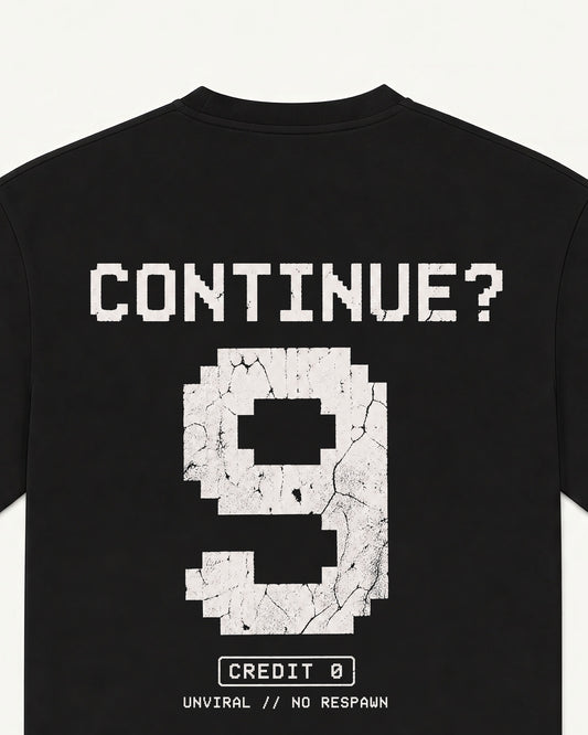 No Respawn black oversized tee, arcade continue-screen print, back