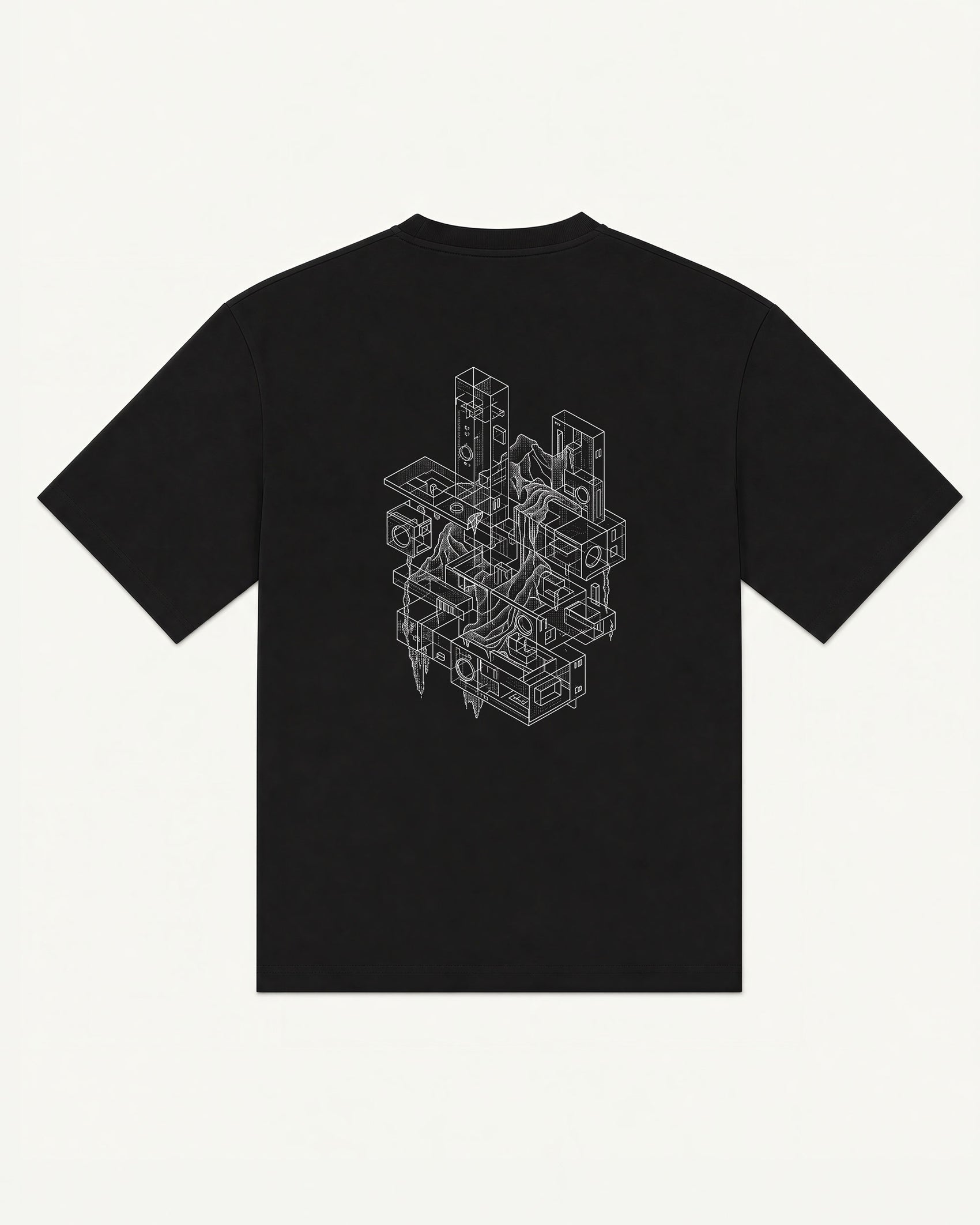 Null Construct tee in black with fine-line wireframe construct graphic — front