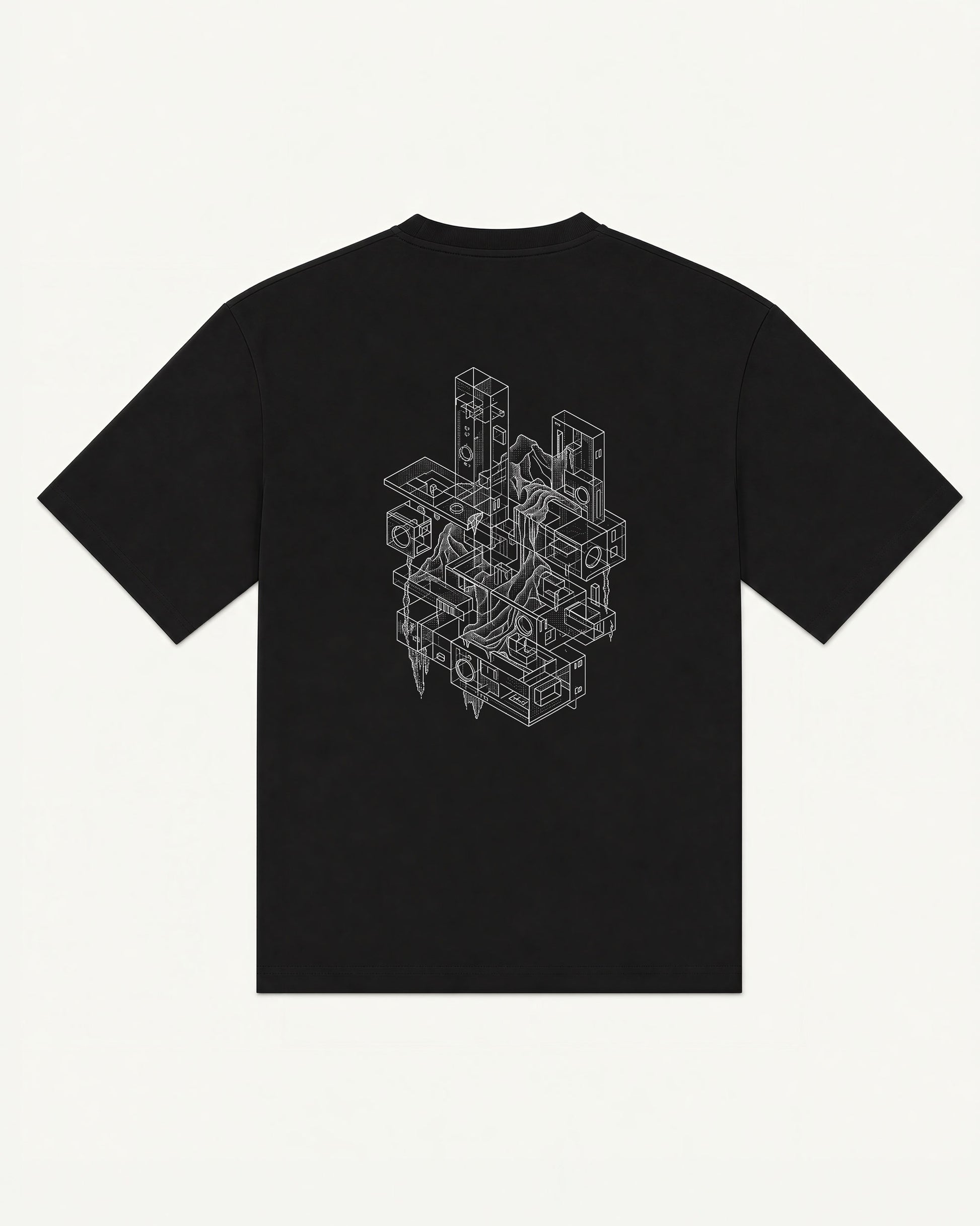Null Construct tee in black with fine-line wireframe construct graphic — front