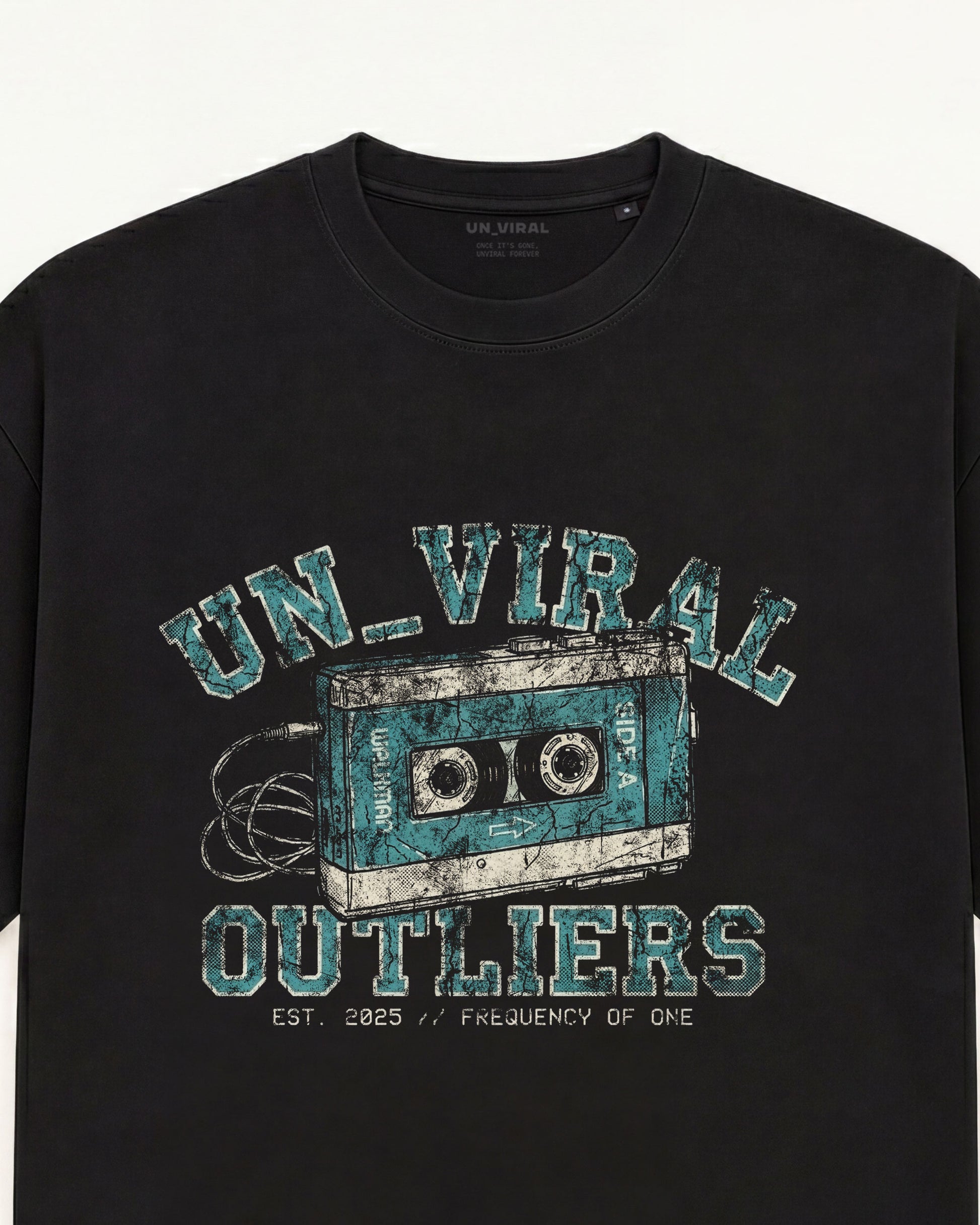 Side A Outliers tee, faded collegiate cassette print — back