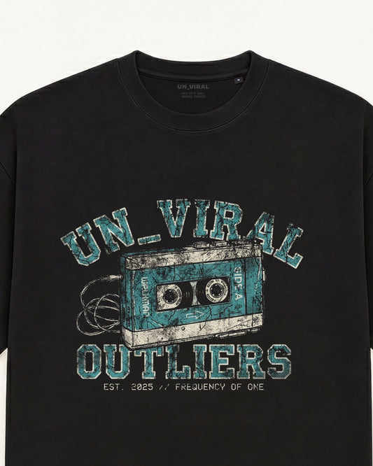 Side A Outliers tee, faded collegiate cassette print — back