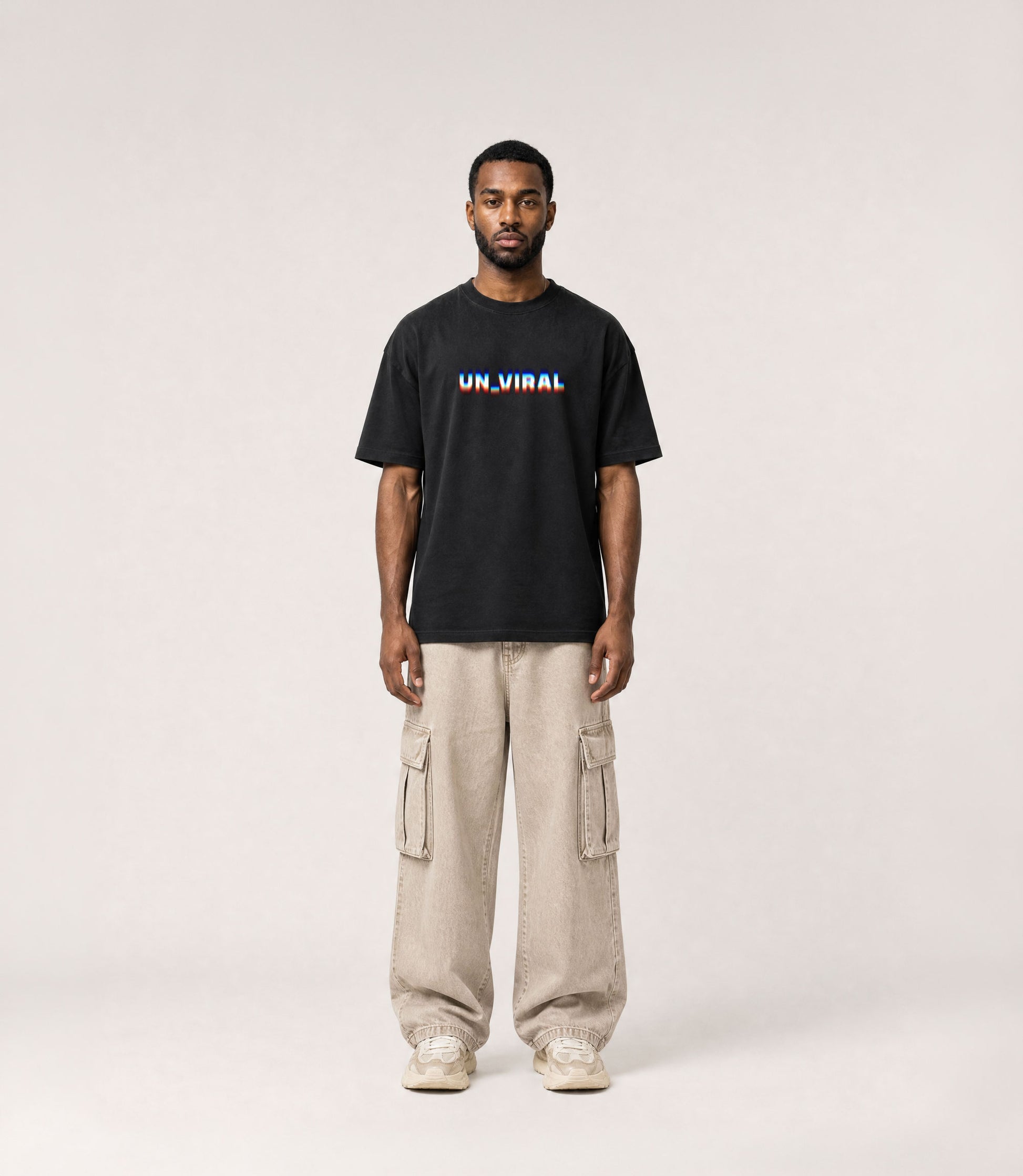 Scan UN_VIRAL black oversized tee — print detail
