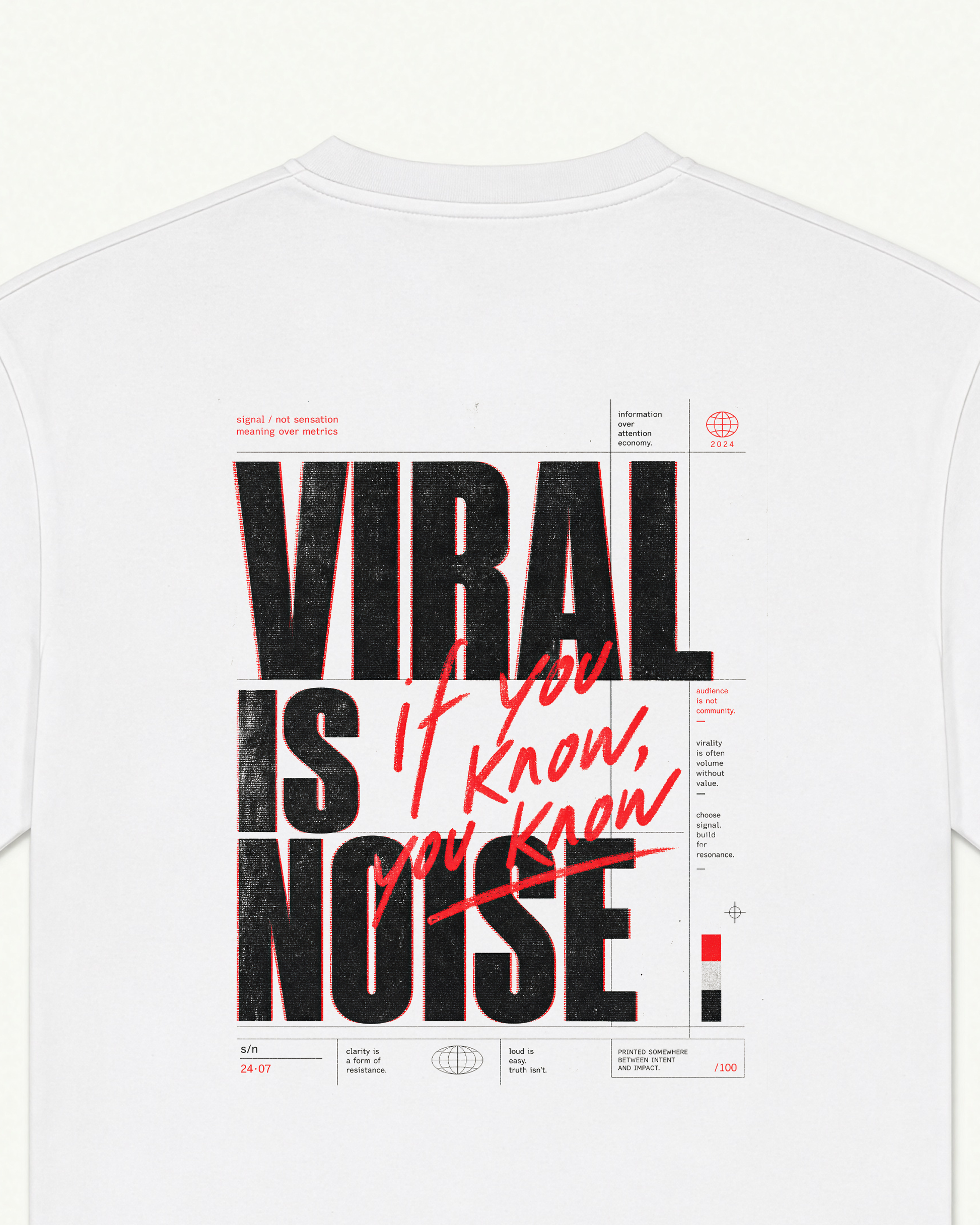 You Know white tee, 'VIRAL IS NOISE / if you know' typographic print — back