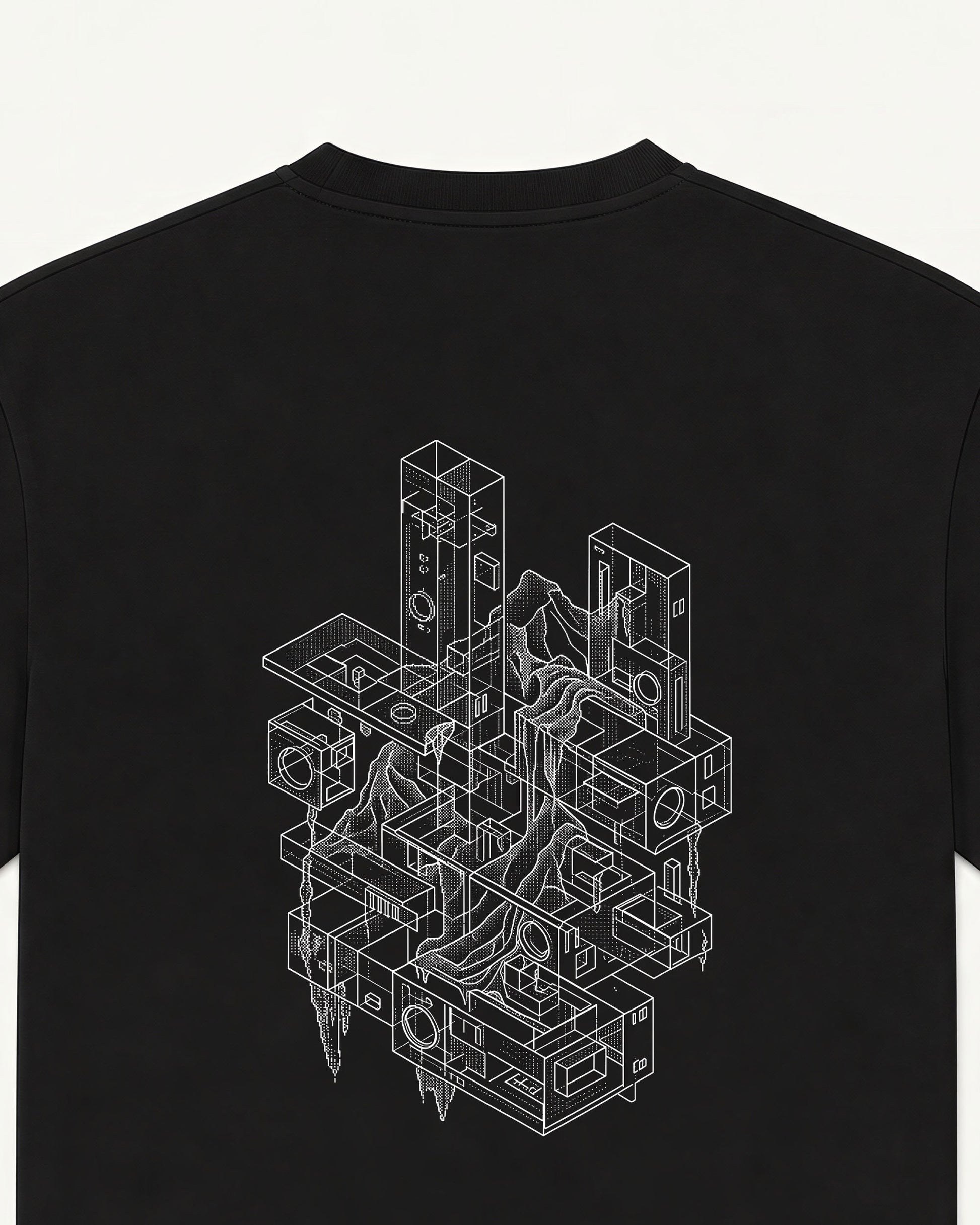 Null Construct black tee, wireframe construct back print — back