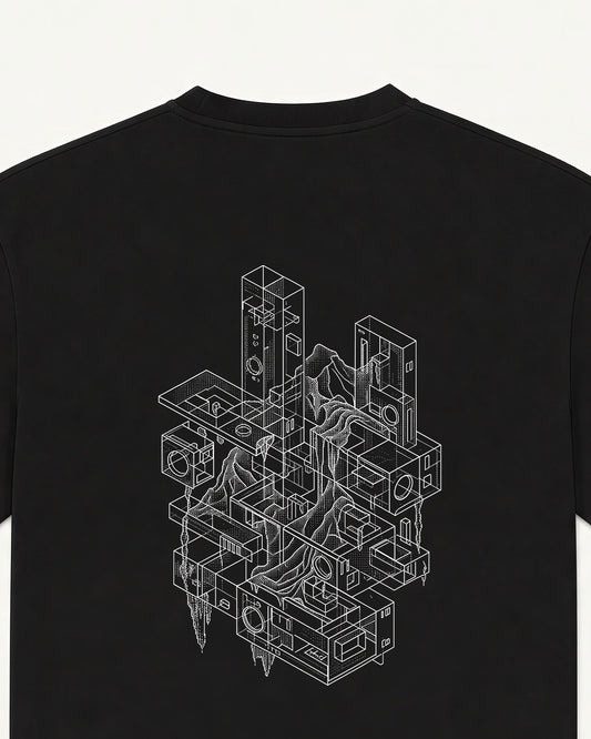 Null Construct black tee, wireframe construct back print — back