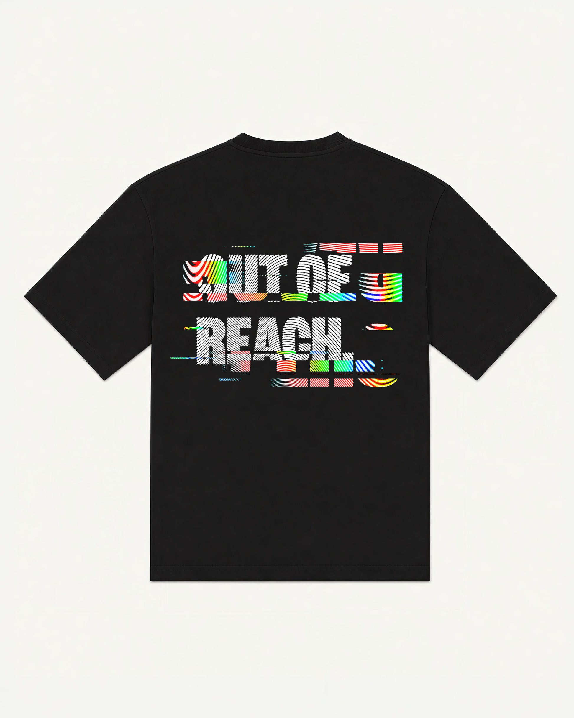 Out of Reach black oversized tee with glitch typographic back print, back