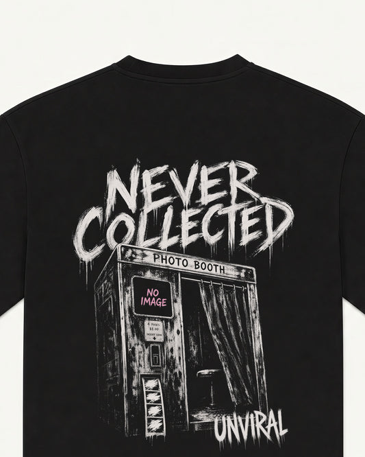 Never Collected black oversized tee, full back print detail