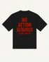 Black oversized UN_VIRAL t-shirt with a bold red back print reading No Action Required, Please Continue