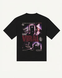 Analog black oversized tee with cassette, VHS and film collage graphic, back
