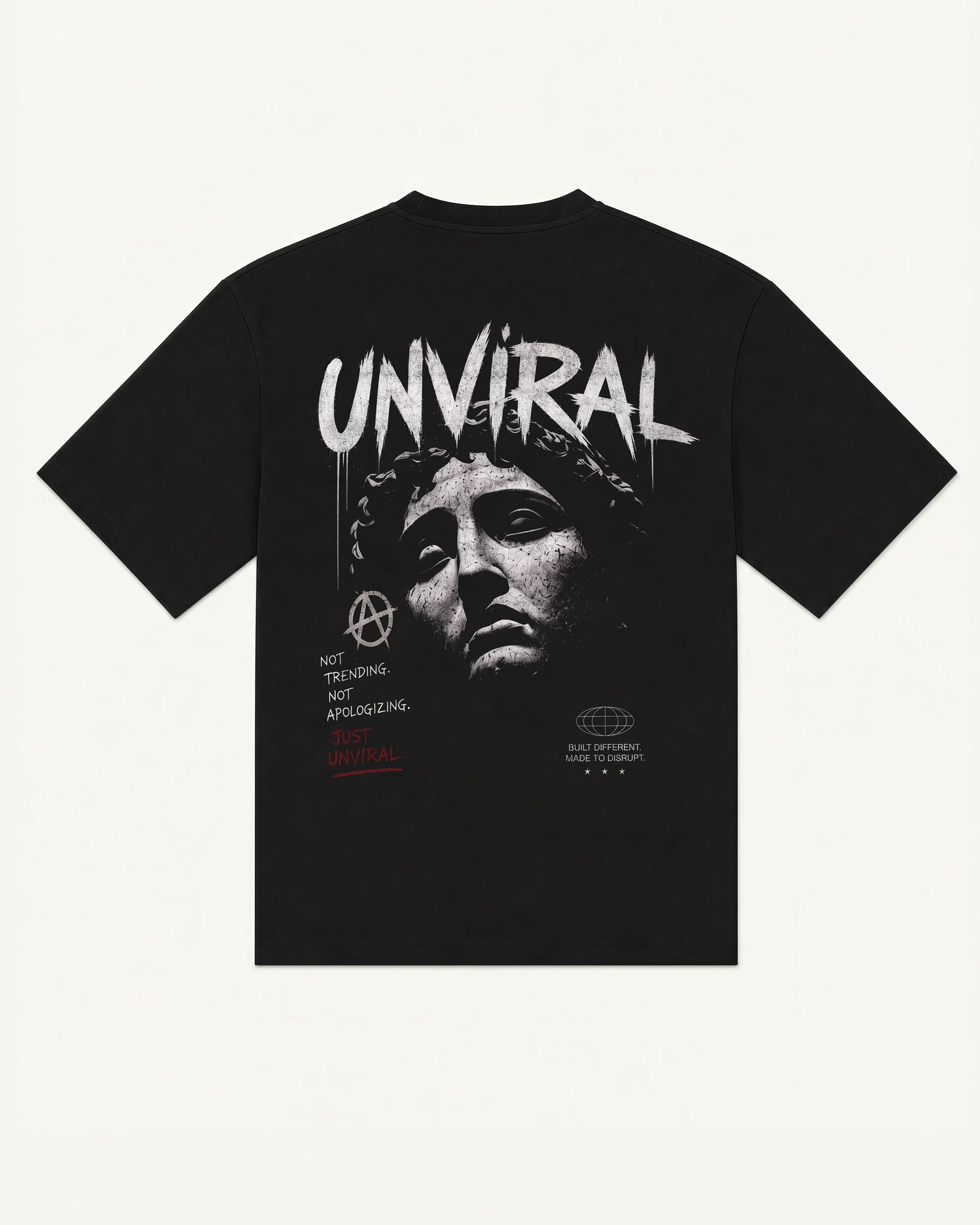 Made to Disrupt tee in black with cracked classical bust and anarchy symbol graphic, back