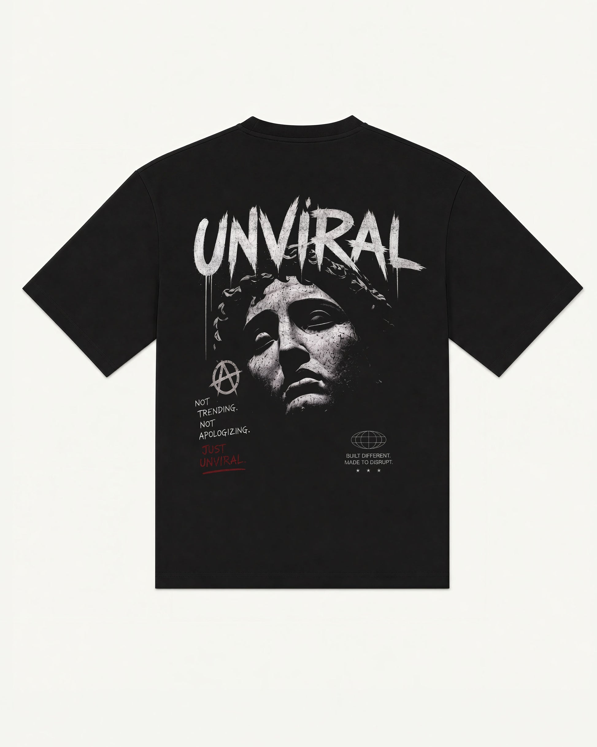 Made to Disrupt tee in black with cracked classical bust and anarchy symbol graphic, back