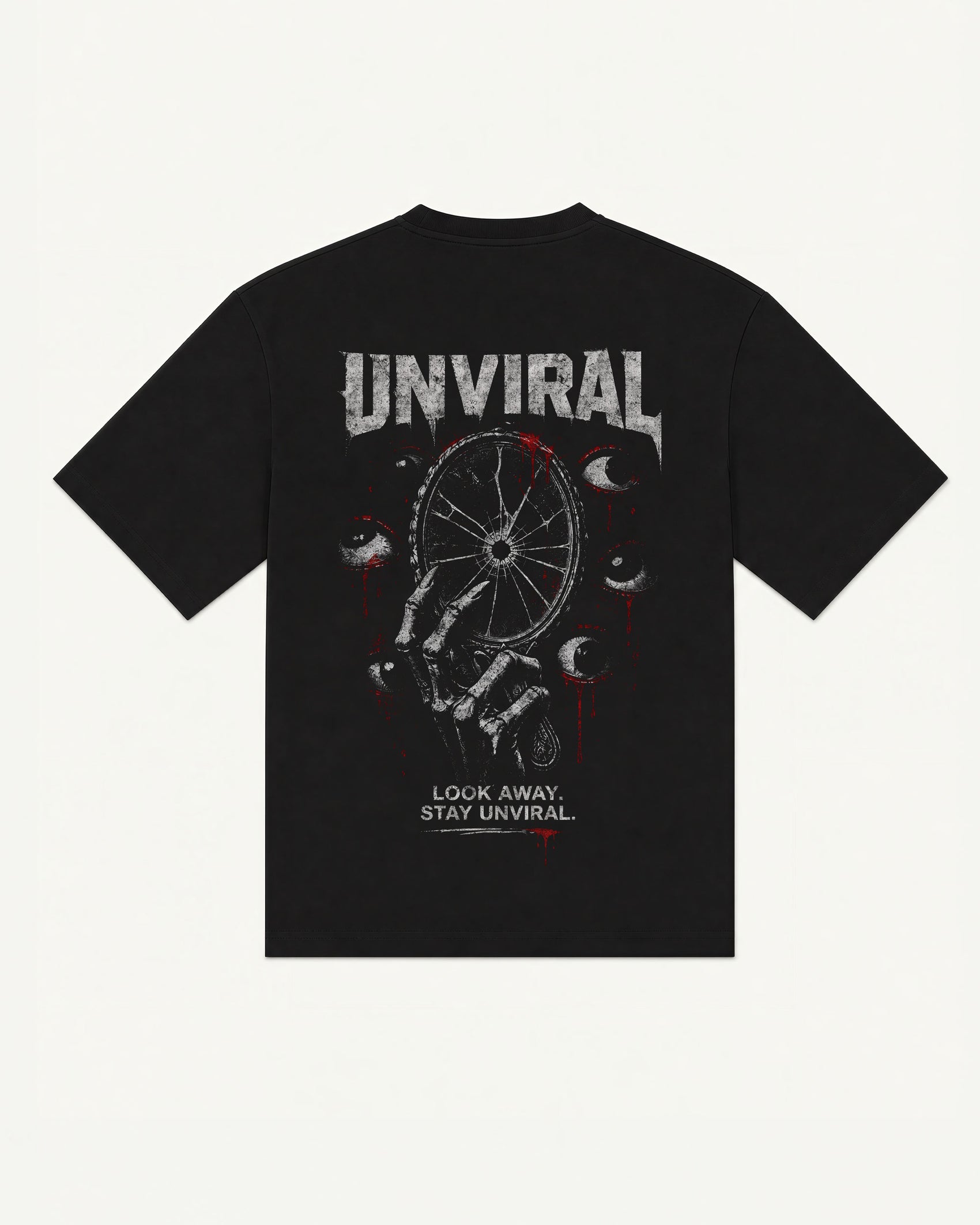 Vanity Broken tee in black with cracked mirror and weeping eyes gothic graphic, back