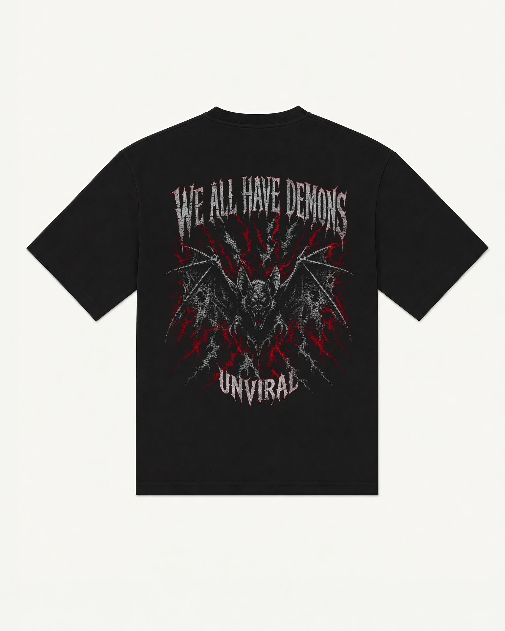 Black oversized UNVIRAL t-shirt with a gothic bat illustration and We All Have Demons back print