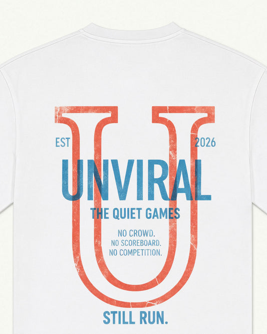 Still Run Unviral white oversized tee, varsity graphic detail
