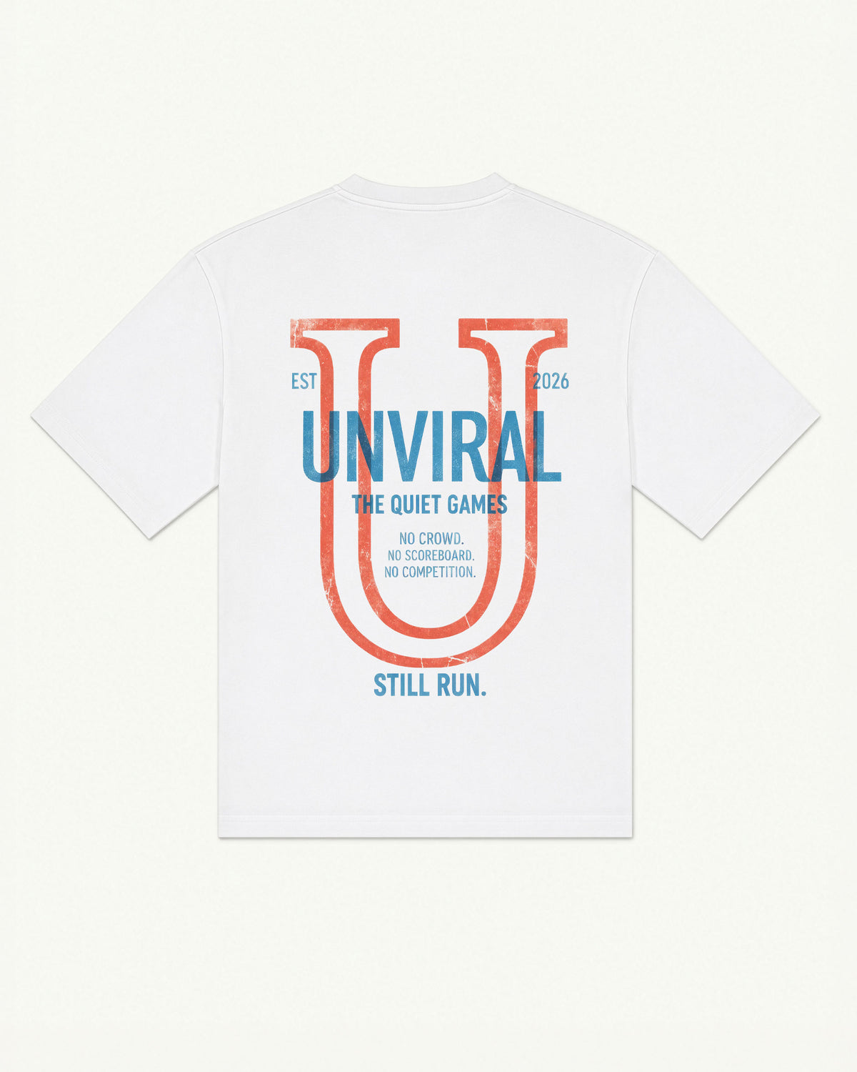 Still Run Unviral white oversized tee with bold varsity U graphic, back