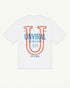 Still Run Unviral white oversized tee with bold varsity U graphic, back