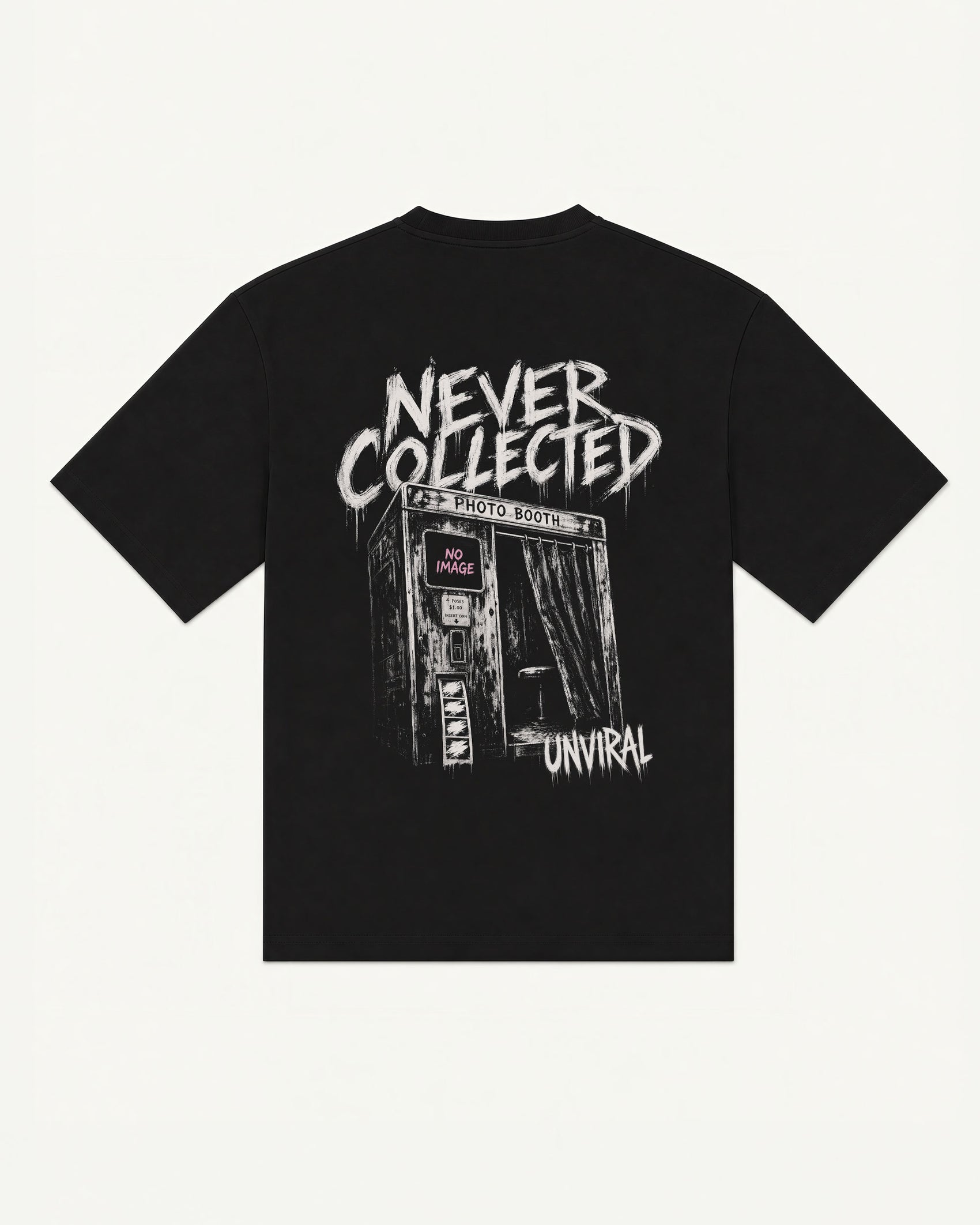 Never Collected black oversized tee with distressed photo booth graphic, back