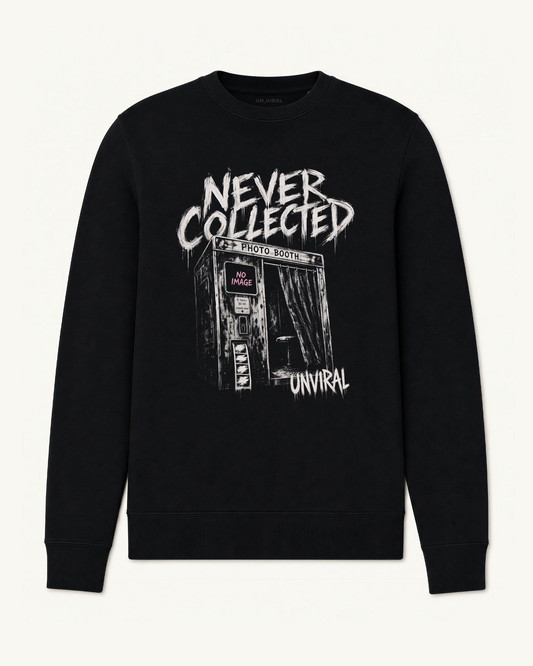Never Collected black sweatshirt with distressed photo booth graphic, front