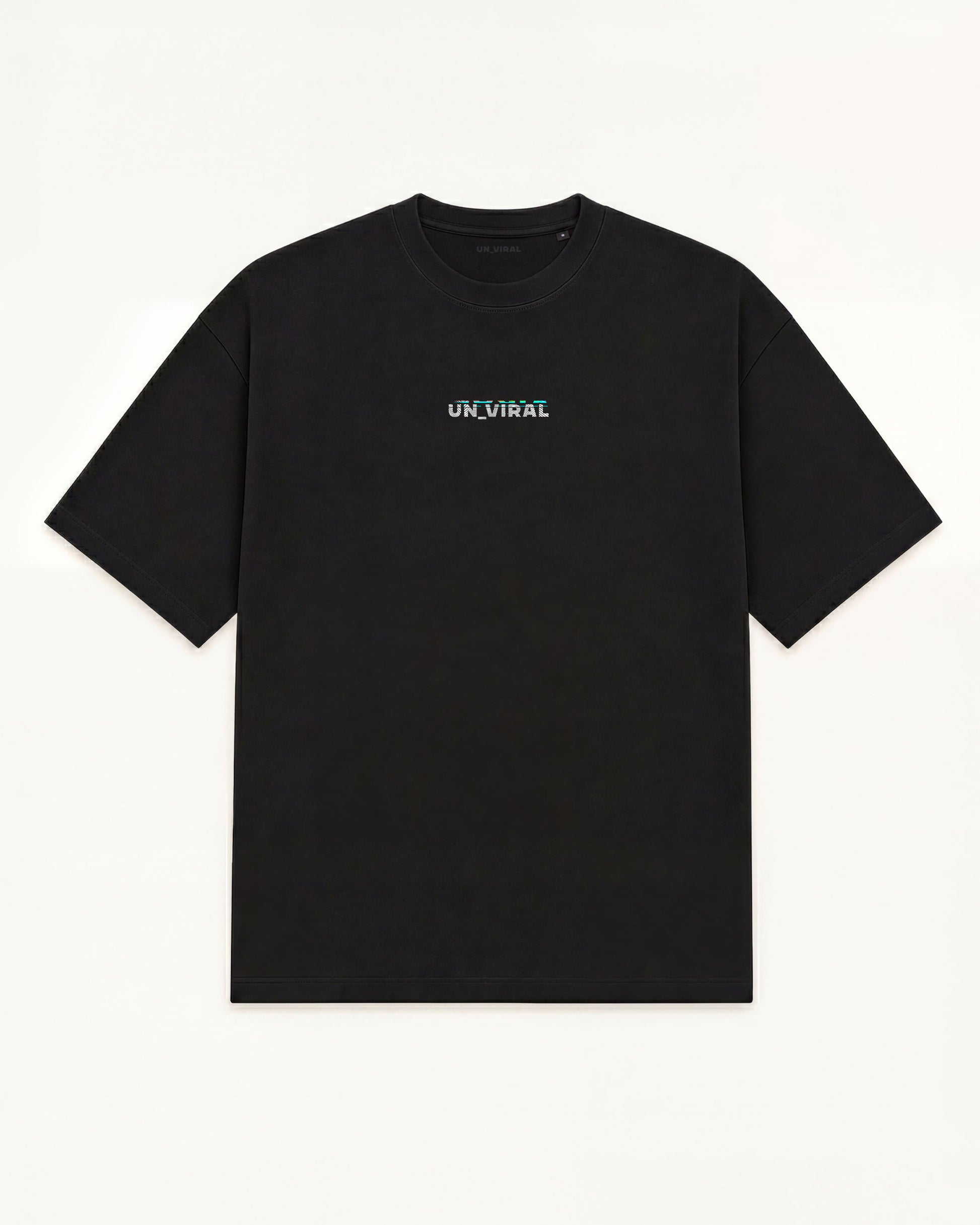 Out of Reach black oversized tee with small UN_VIRAL scan-glitch logo, front