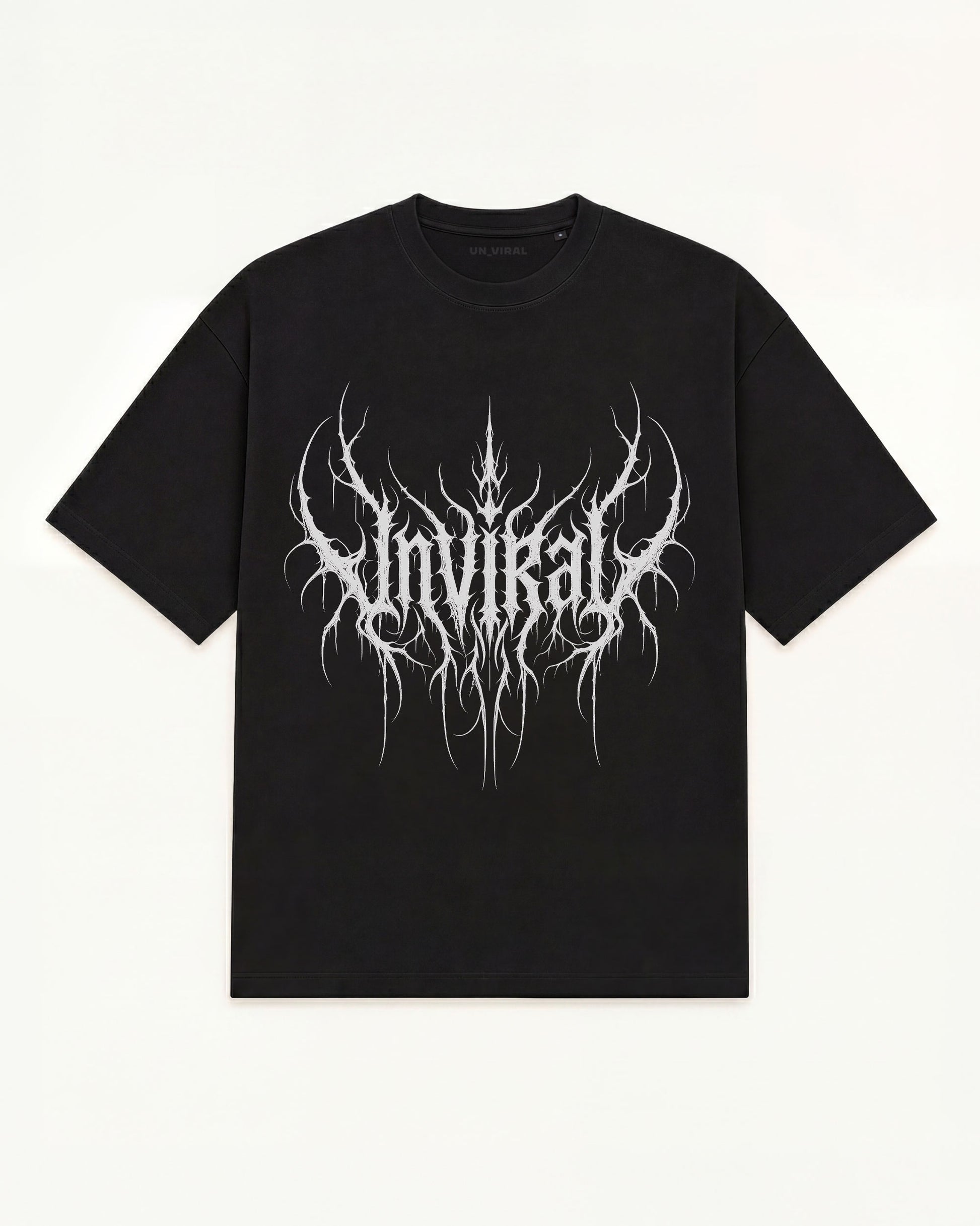 Rootbound UNVIRAL black oversized tee with thorned gothic logotype graphic, front