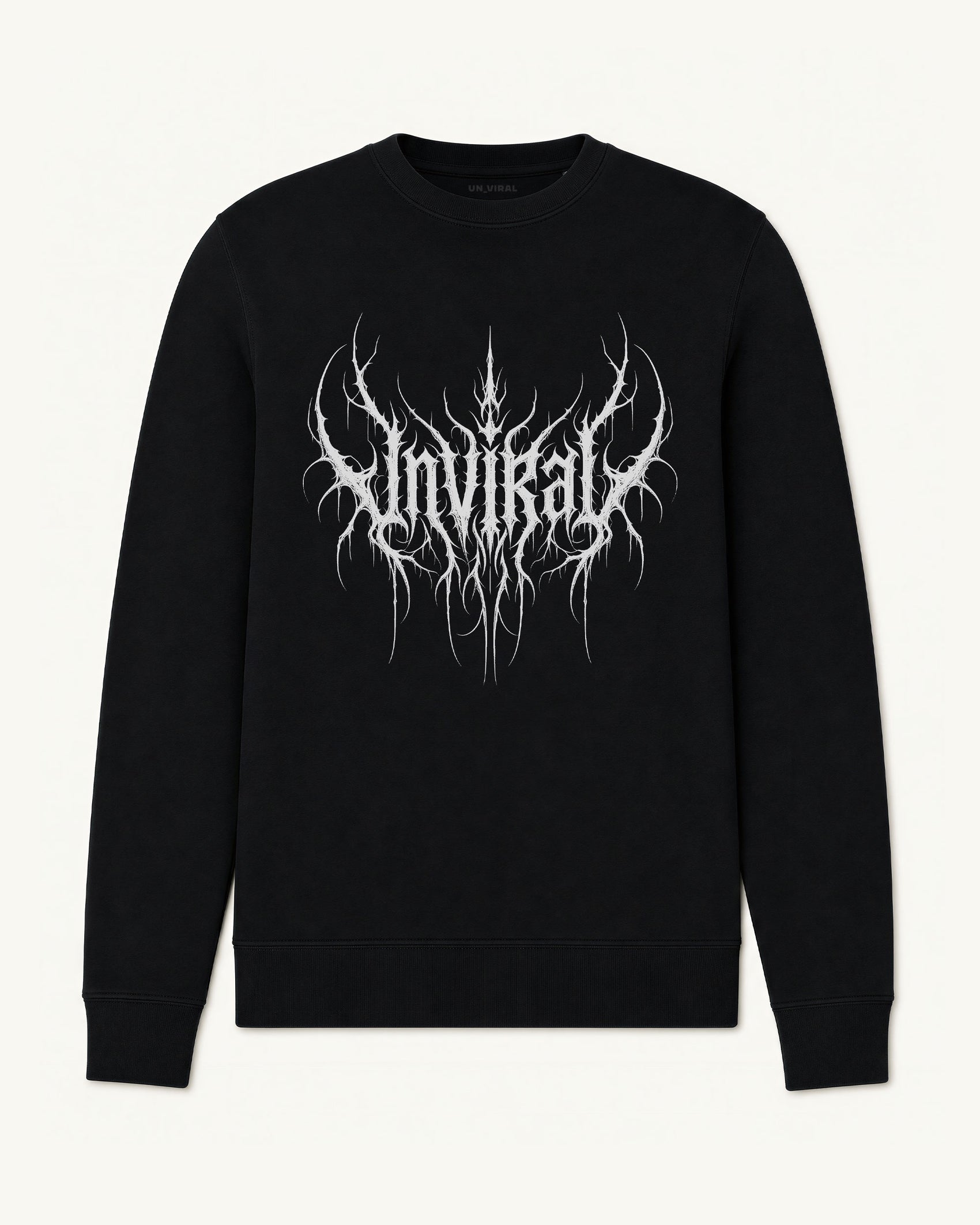 Rootbound UNVIRAL black sweatshirt with thorned black-metal logotype graphic, front