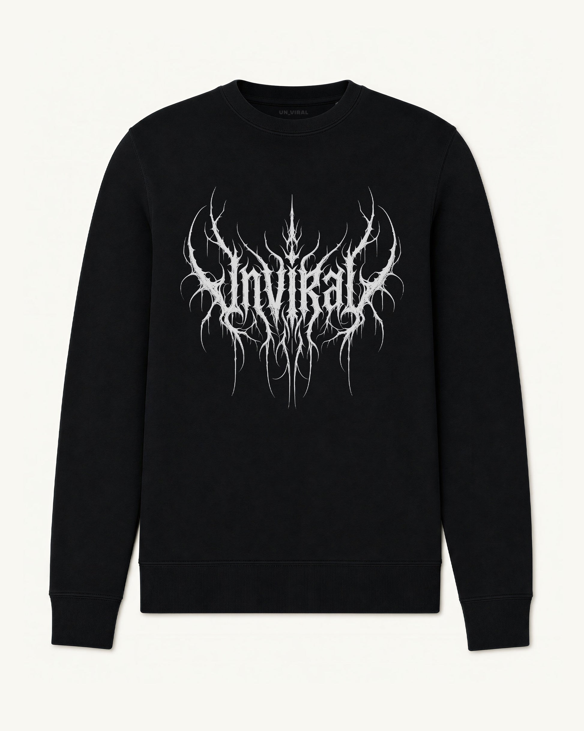 Rootbound UNVIRAL black sweatshirt with thorned black-metal logotype graphic, front