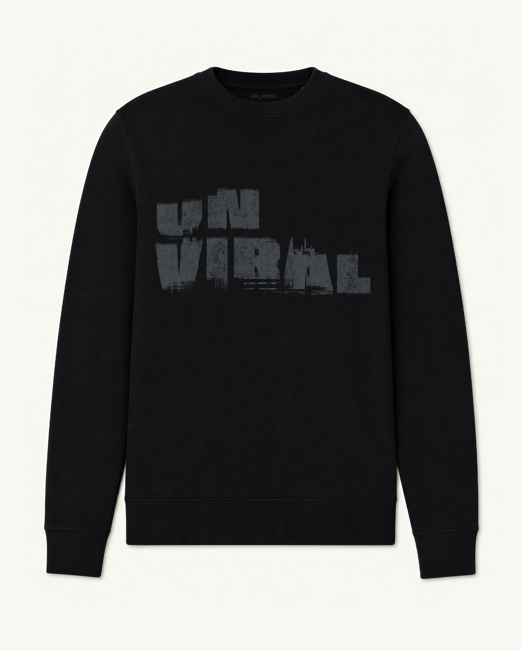 Signal Decay UNVIRAL black crewneck sweatshirt with decayed wordmark graphic, front