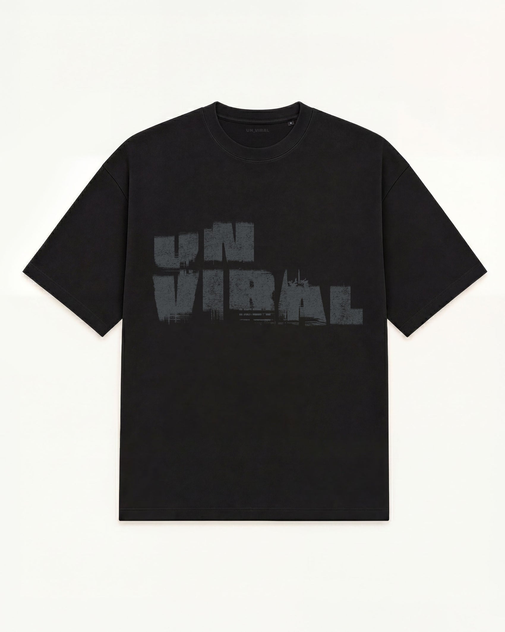 Signal Decay UNVIRAL black oversized tee with decayed wordmark graphic, front