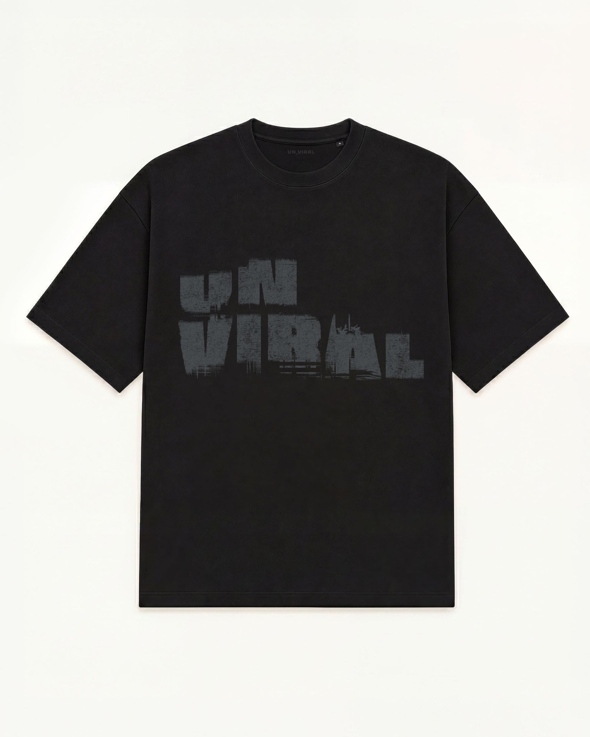 Signal Decay UNVIRAL black oversized tee with decayed wordmark graphic, front