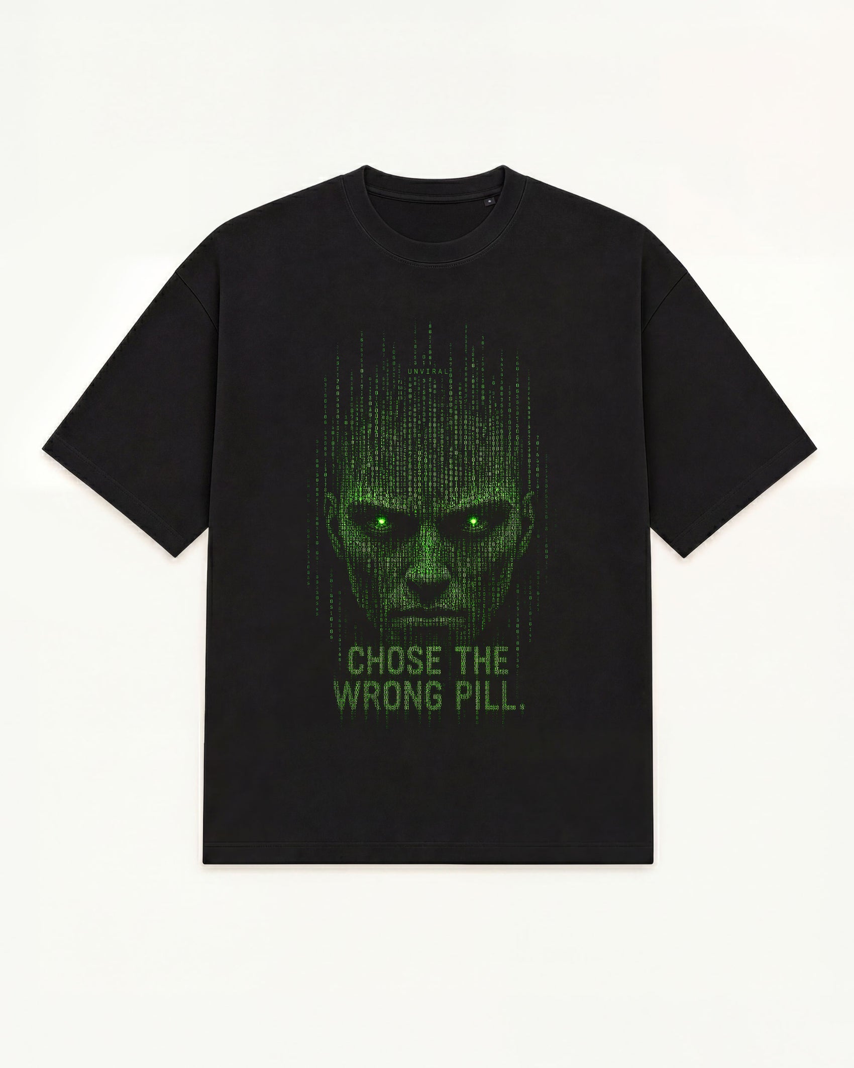 Take Wrong Pill black oversized tee with green digital-code portrait graphic, front