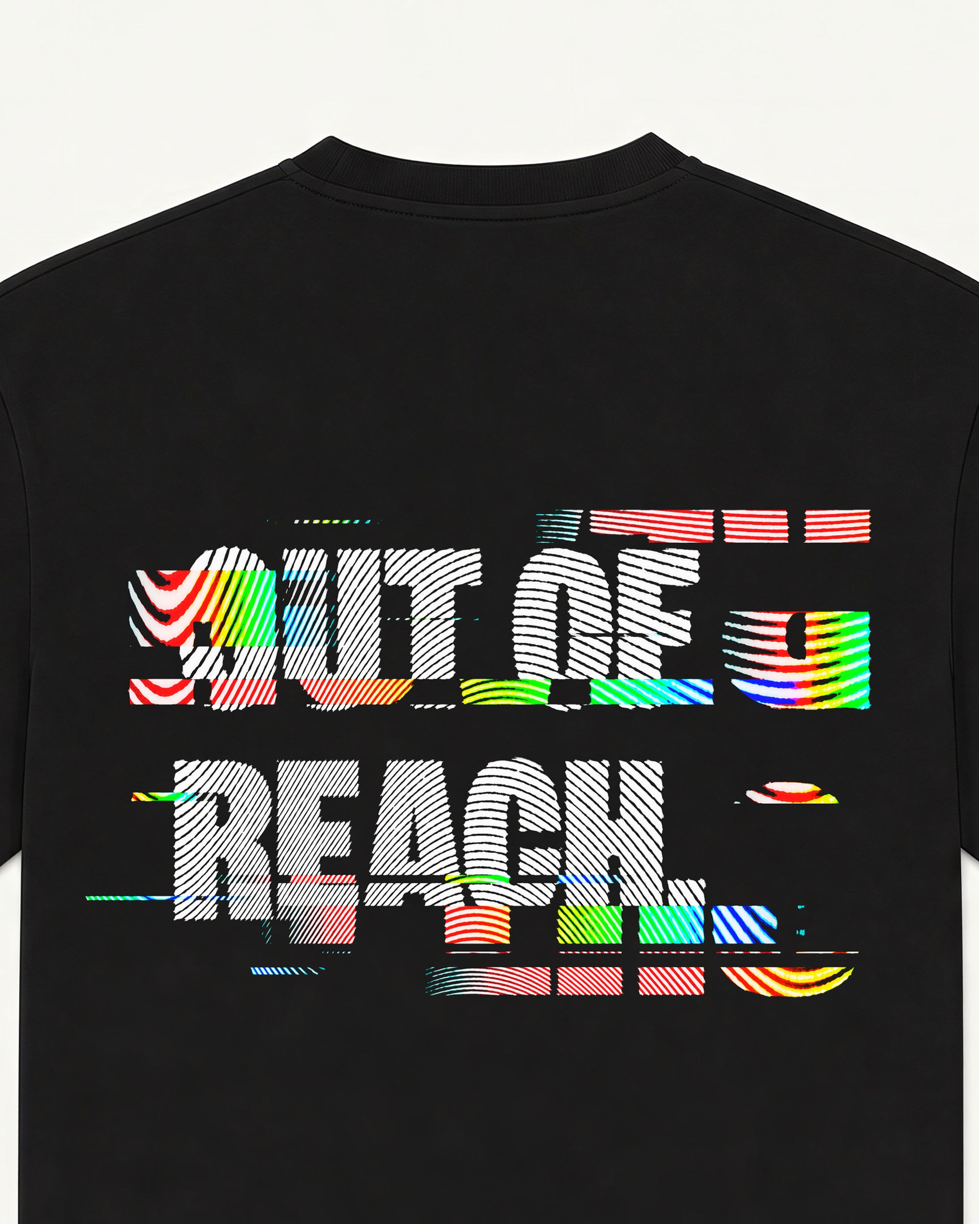 Close-up of Out of Reach glitch typographic print with chromatic aberration detail
