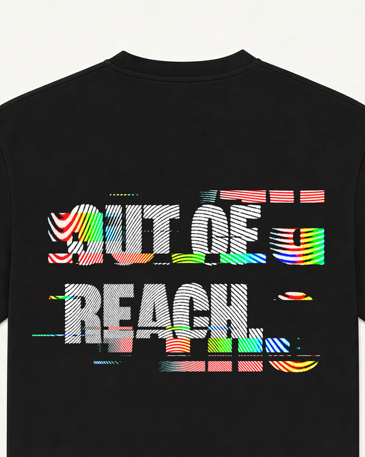 Close-up of Out of Reach glitch typographic print with chromatic aberration detail