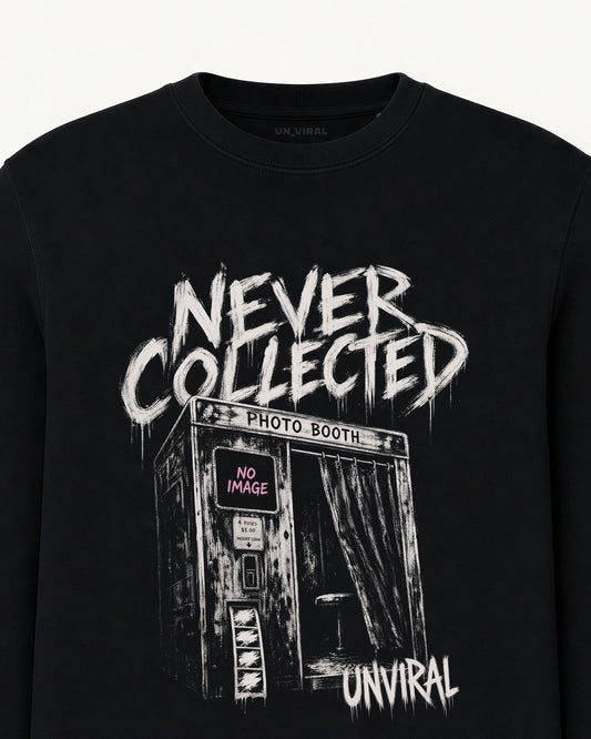 Never Collected black sweatshirt, photo booth graphic detail
