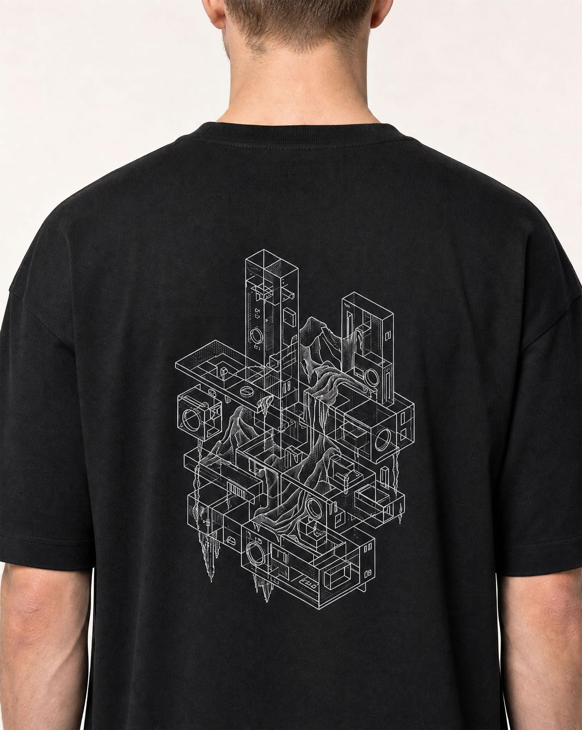 Null Construct black tee worn, oversized fit